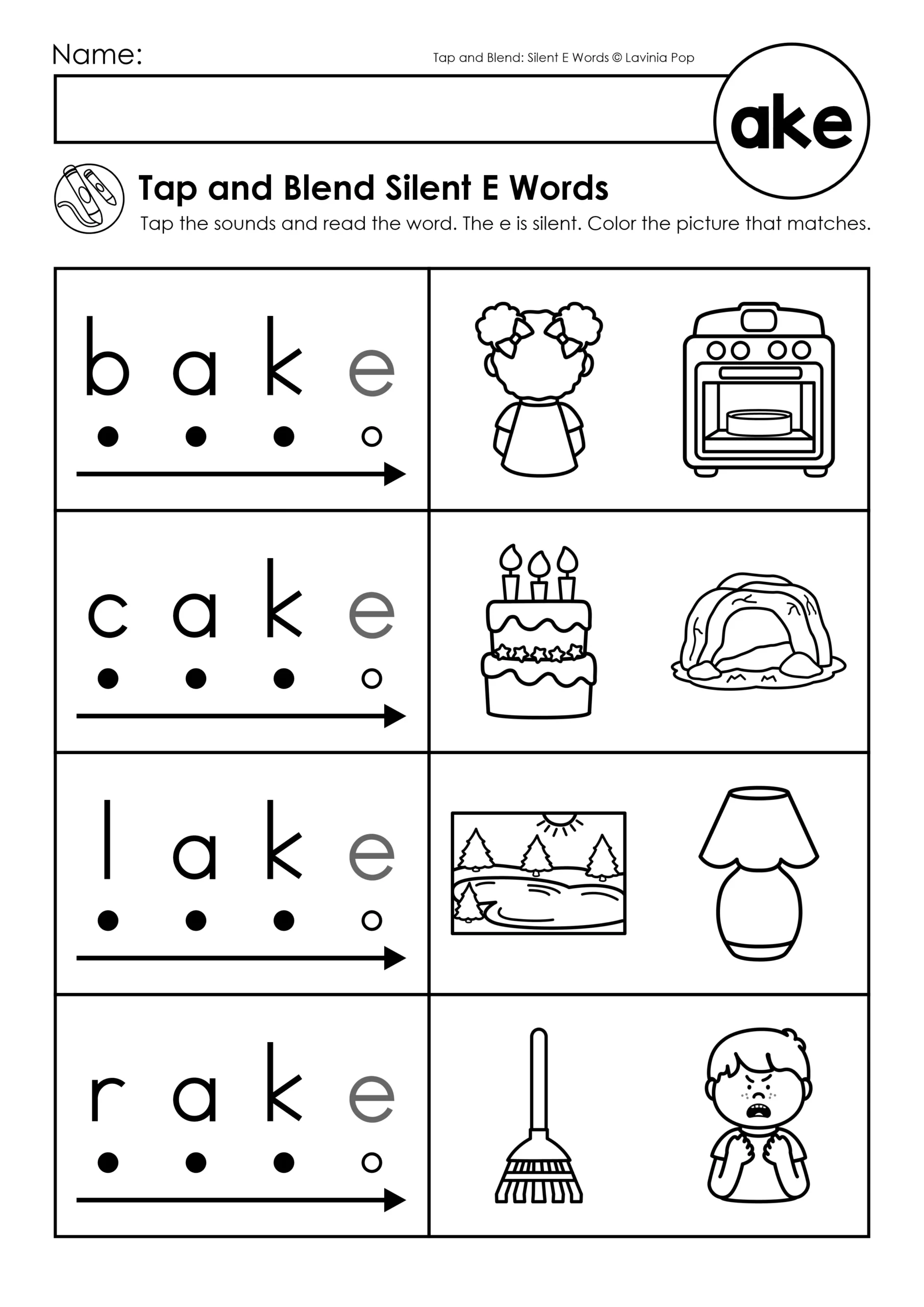 Silent E Worksheets Tap and Blend CVCe Words ake Word Family Page Silent E Worksheets Tap and Blend CVCe Words ake word family worksheet with bake cake lake rake and picture matching activities