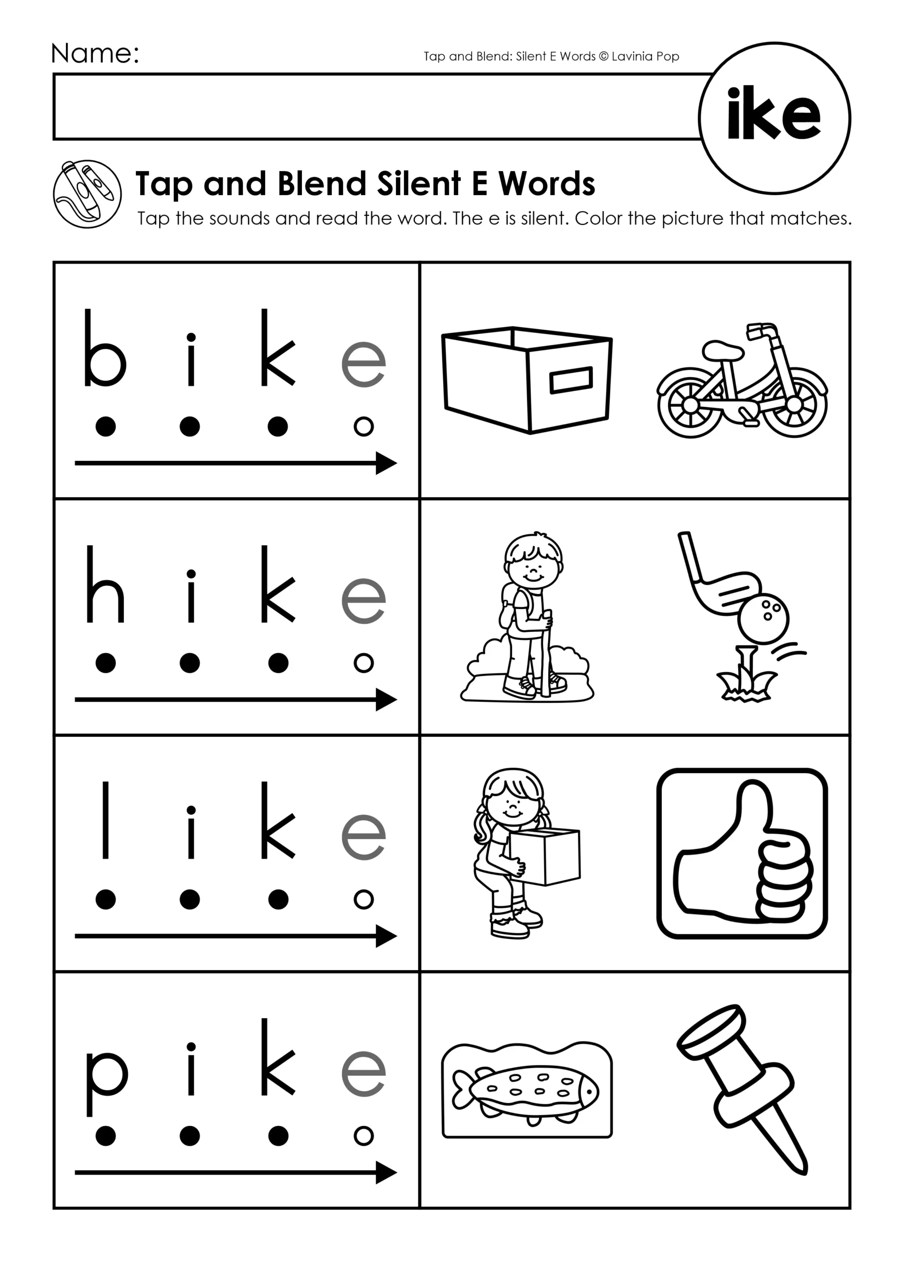 Silent E Worksheets Tap and Blend CVCe Words ike Word Family Page Silent E Worksheets Tap and Blend CVCe Words ike word family worksheet with bike hike like pike and picture matching activities