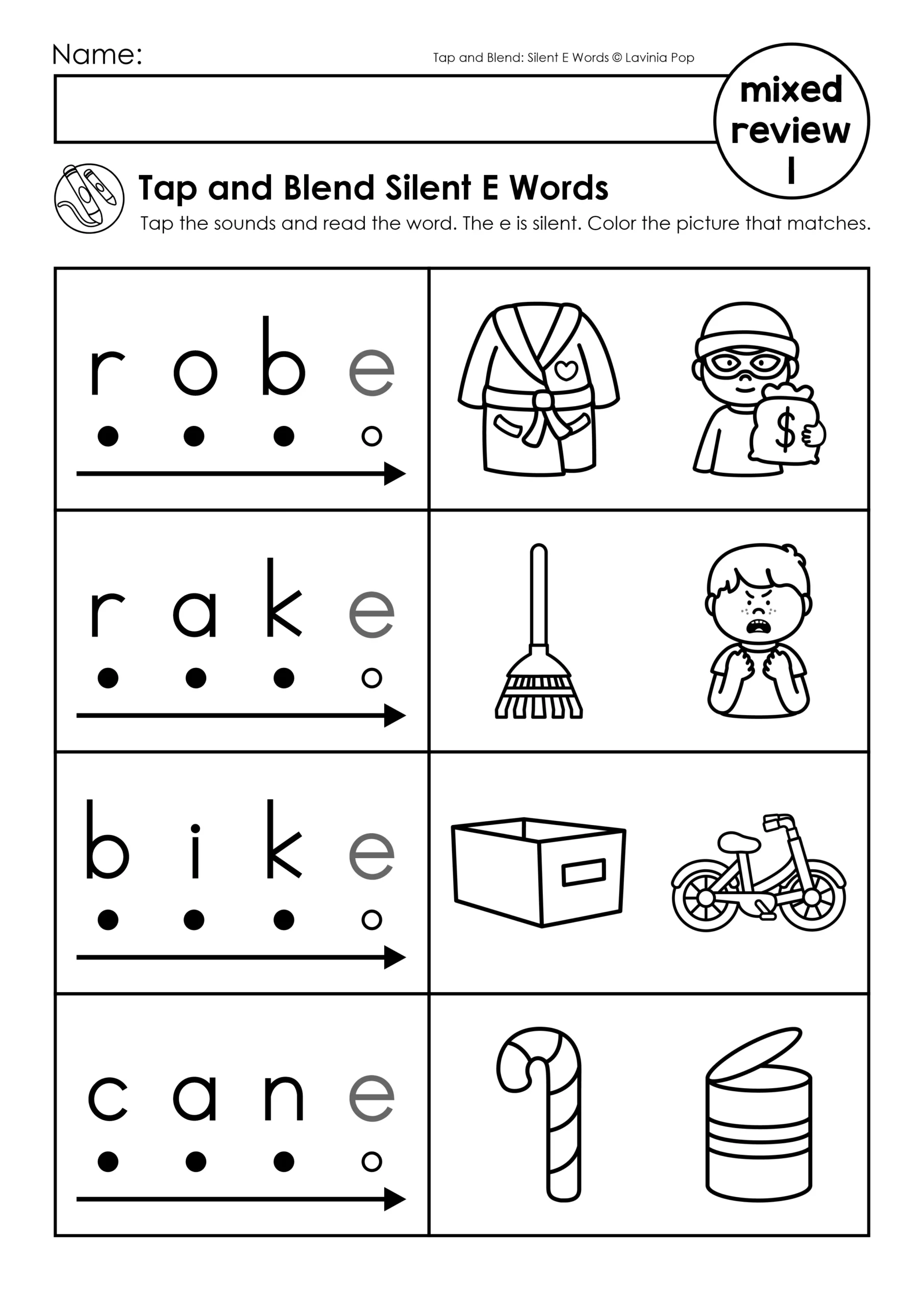 Silent E Worksheets Tap and Blend CVCe Words Phonics Worksheet Preview Silent E Worksheets Tap and Blend CVCe Words phonics worksheet preview showing tap and blend decoding with picture choices