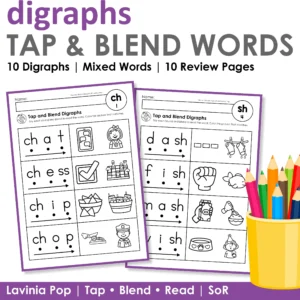 Digraph Worksheets Tap and Blend Words cover with phonics worksheets for digraph decoding blending and review pages