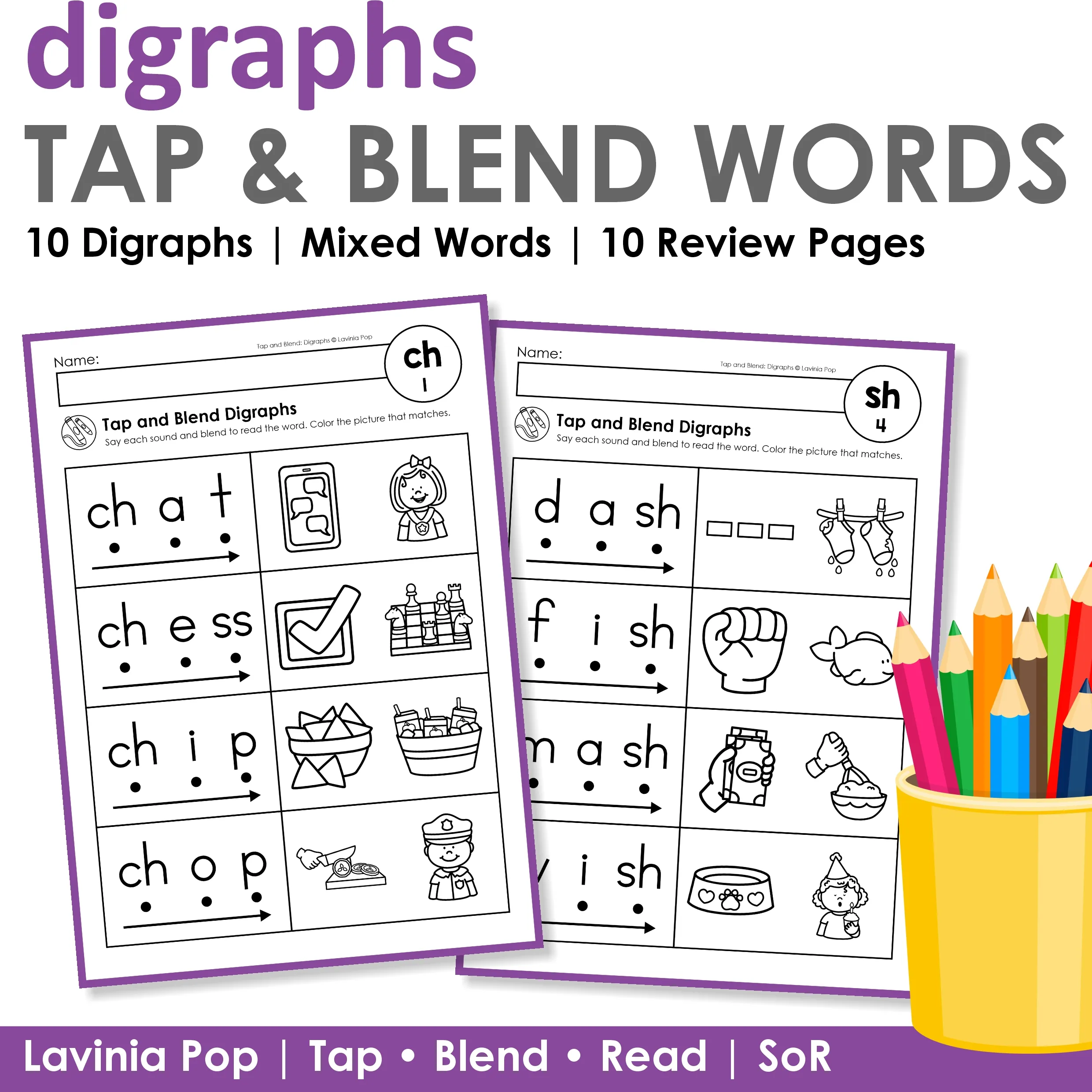 Digraph Worksheets Tap and Blend Words Phonics Practice and Review K 2 Digraph Worksheets Tap and Blend Words cover with phonics worksheets for digraph decoding blending and review pages