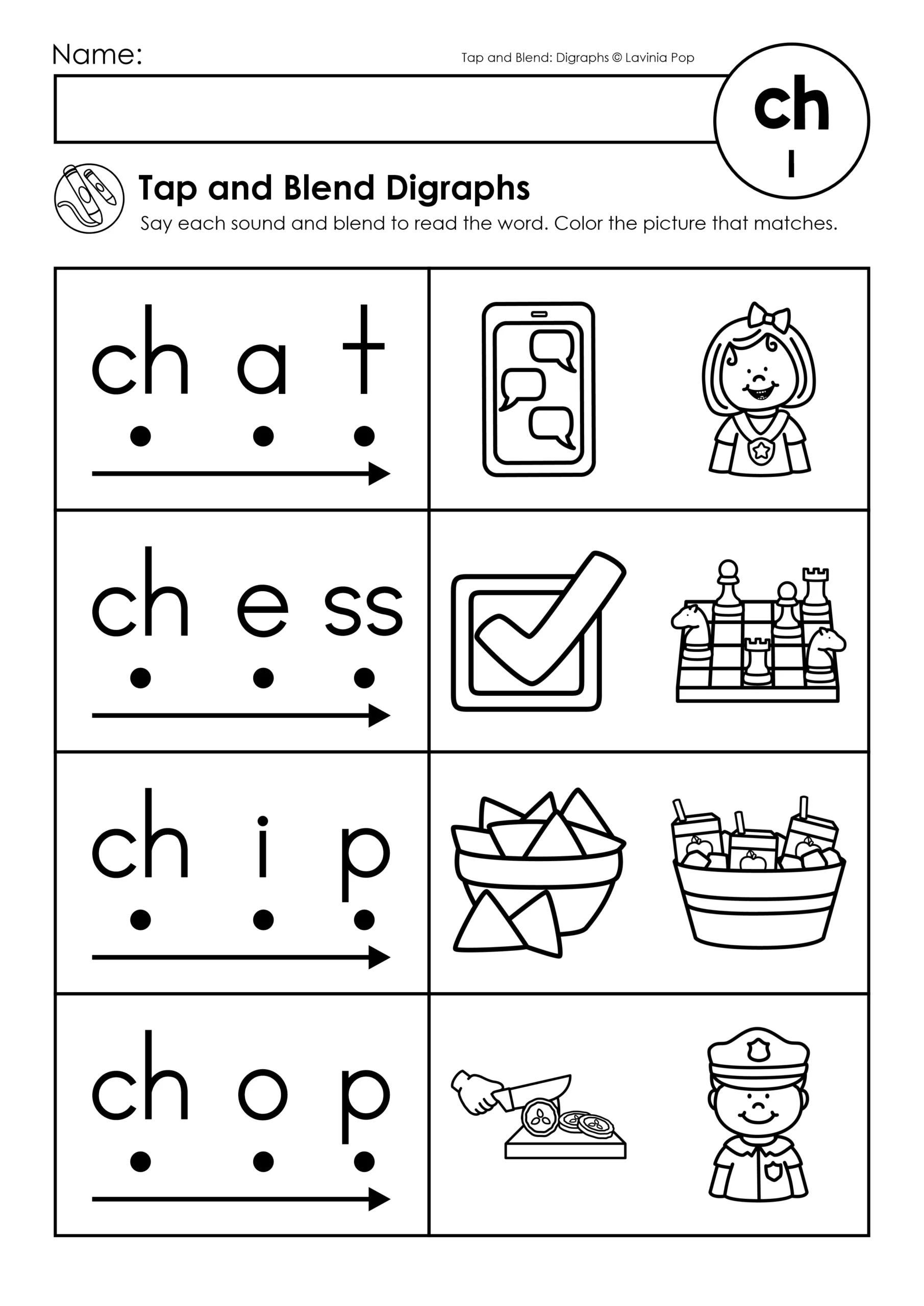 Digraph Worksheets Tap and Blend Words CH Worksheet Chat Chess Chip Chop Digraph Worksheets Tap and Blend Words ch worksheet with chat chess chip chop decoding and picture matching activity