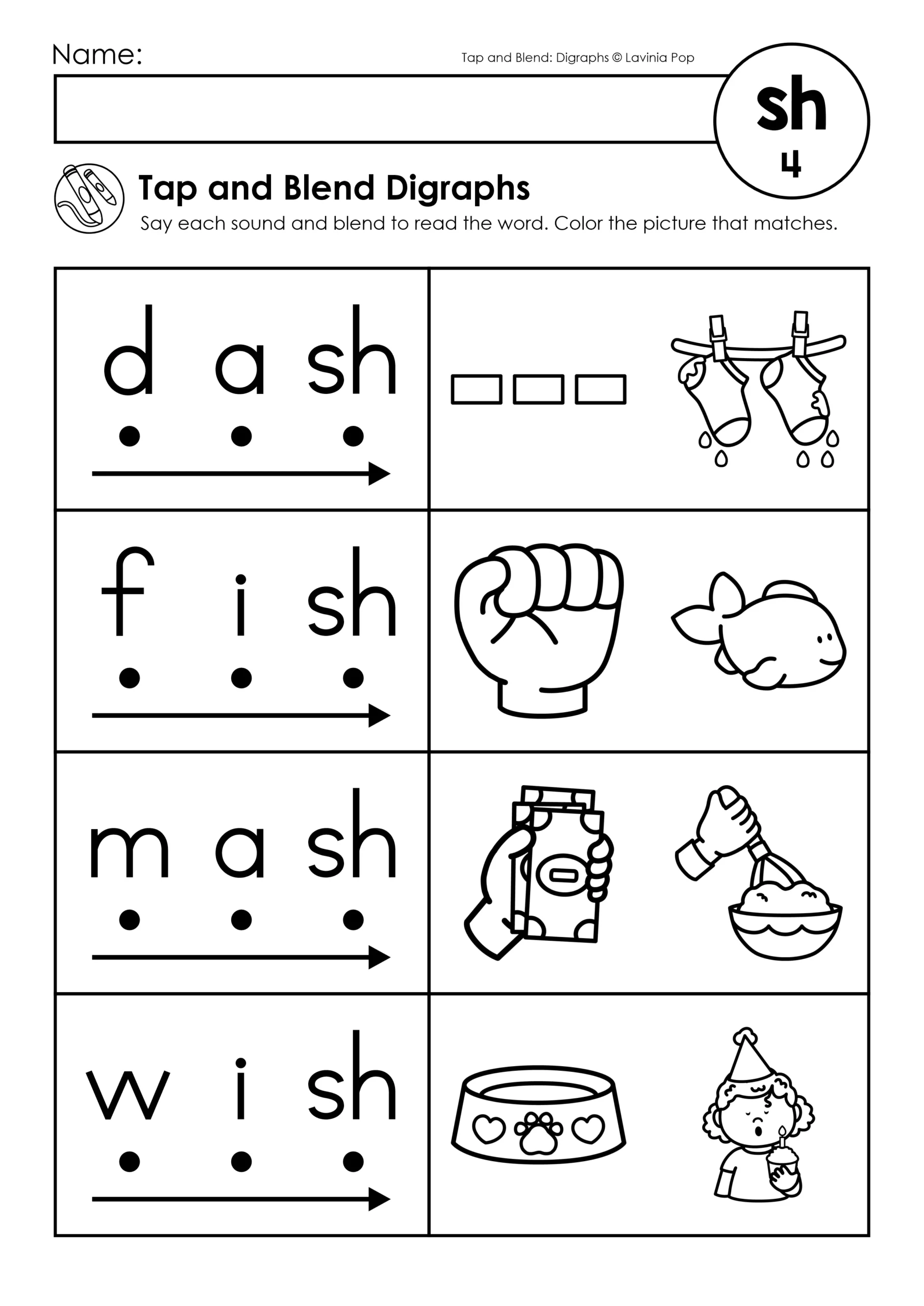 Digraph Worksheets Tap and Blend Words SH Worksheet Dash Fish Mash Wish Digraph Worksheets Tap and Blend Words sh worksheet with dash fish mash wish decoding and picture matching activity