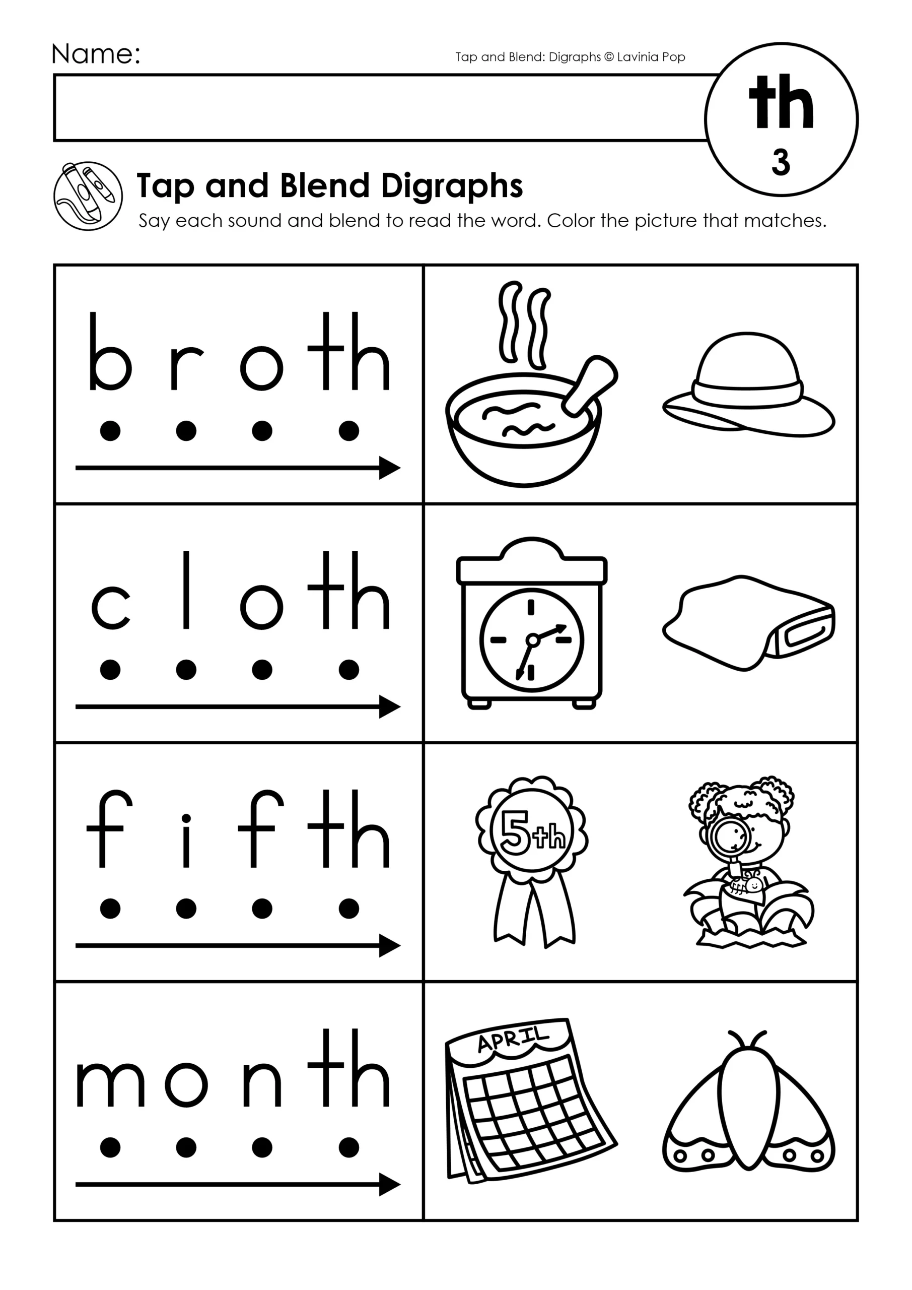 Digraph Worksheets Tap and Blend Words TH Worksheet Broth Cloth Fifth Month Digraph Worksheets Tap and Blend Words th worksheet with broth cloth fifth month decoding and picture matching activity