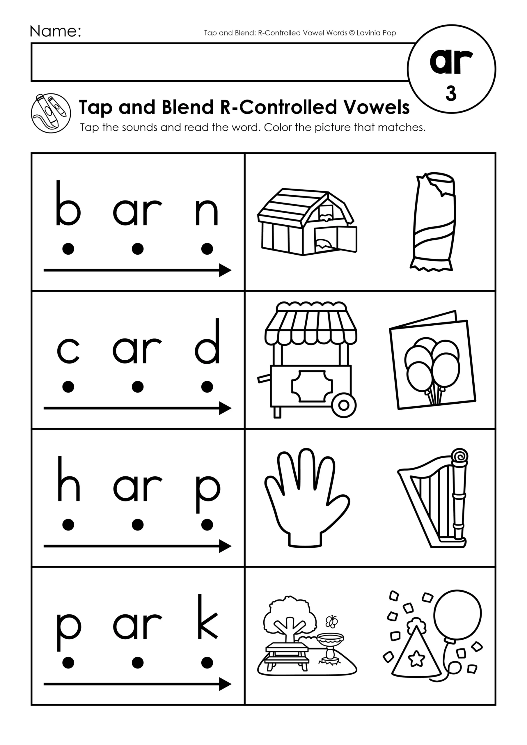 Tap and Blend R-Controlled Vowels Worksheets AR Words Phonics Practice Tap and Blend R-Controlled Vowels worksheets ar words page with barn, card, harp, and park decoding practice