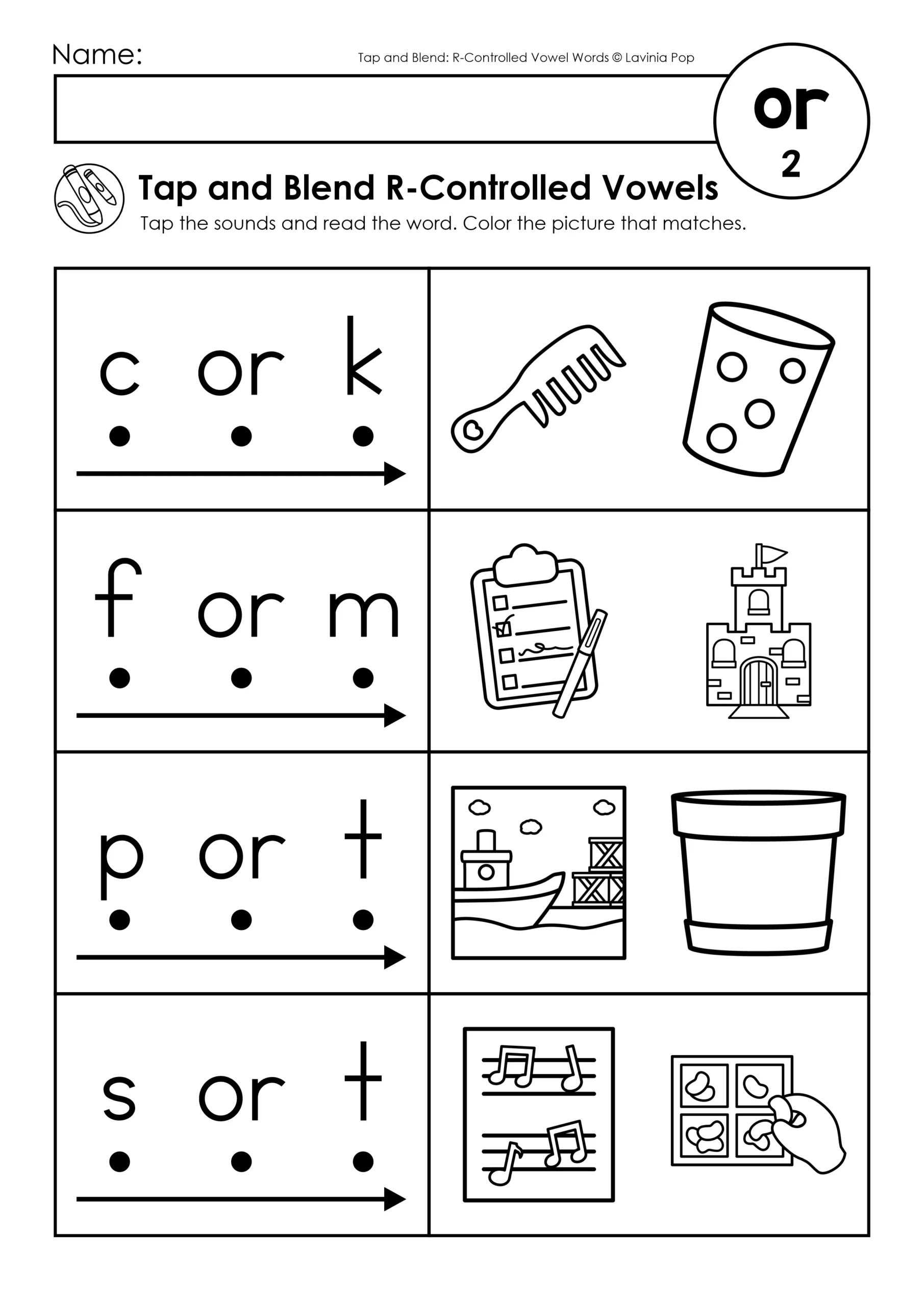 Tap and Blend R-Controlled Vowels Worksheets OR Words Phonics Practice Tap and Blend R-Controlled Vowels worksheets or words page with cork, form, port, and sort decoding practice