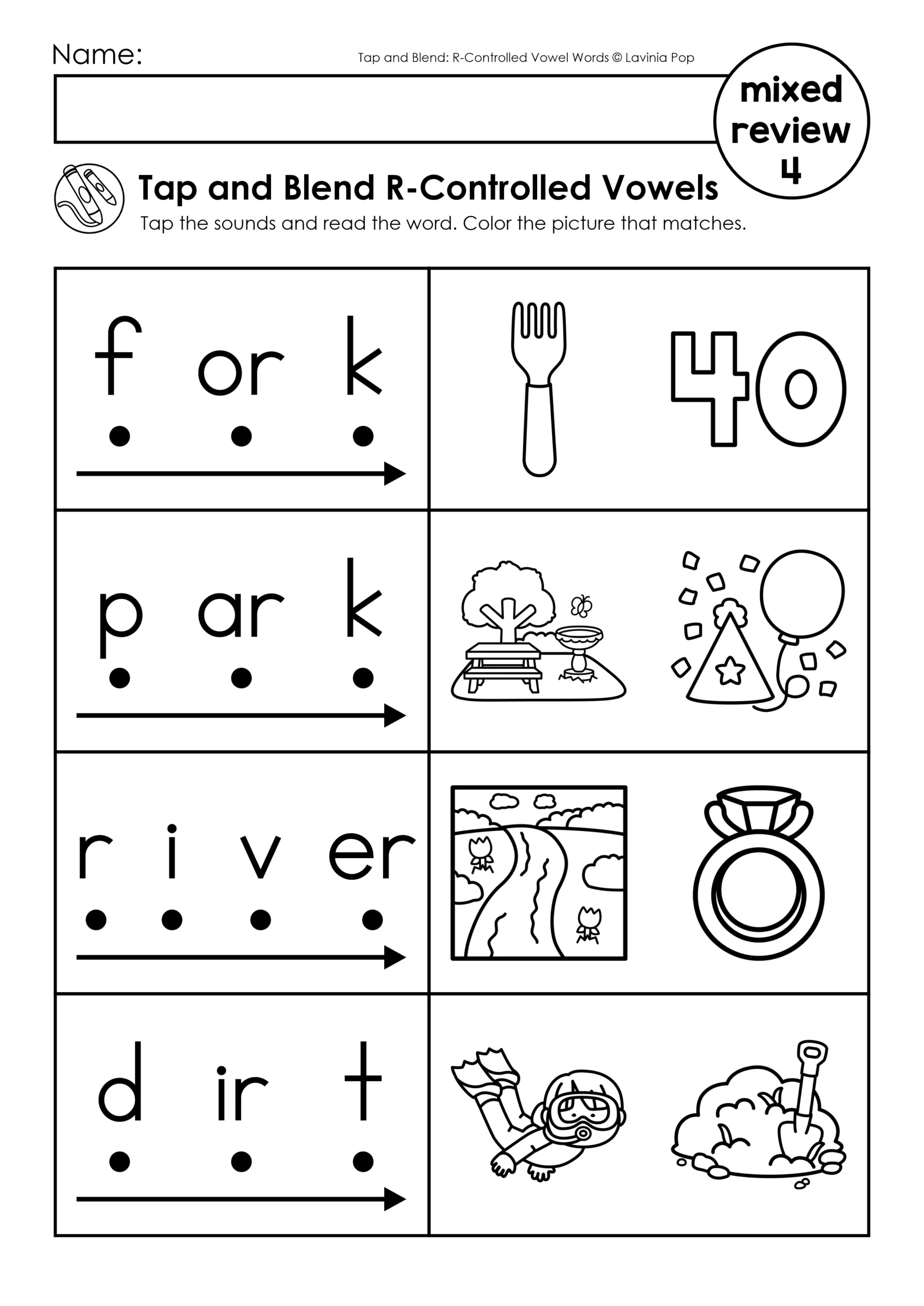 Tap and Blend R-Controlled Vowels Worksheets Mixed Review Page Phonics Practice Tap and Blend R-Controlled Vowels worksheets mixed review page with fork, park, river, and dirt decoding practice