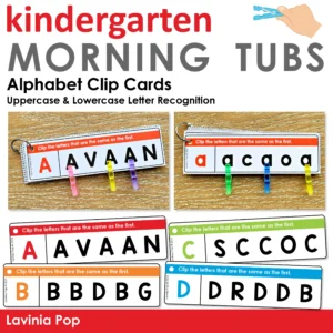 Kindergarten morning tubs alphabet clip cards with uppercase and lowercase letter matching and clothespin fine motor activity