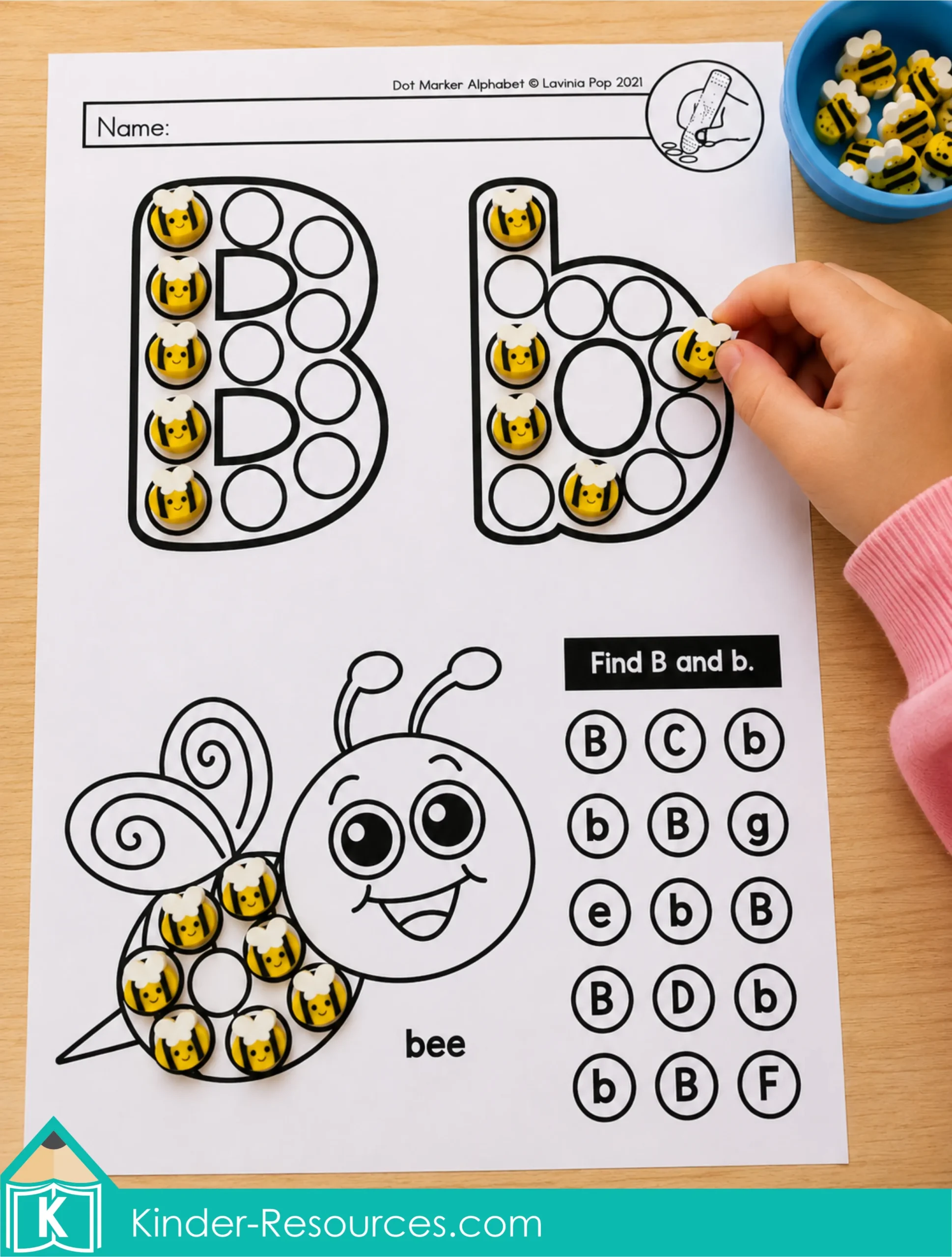 Letter B Dot Marker Activity with Bee Erasers Letter B alphabet worksheet using bee mini erasers for dot marker fine motor activity