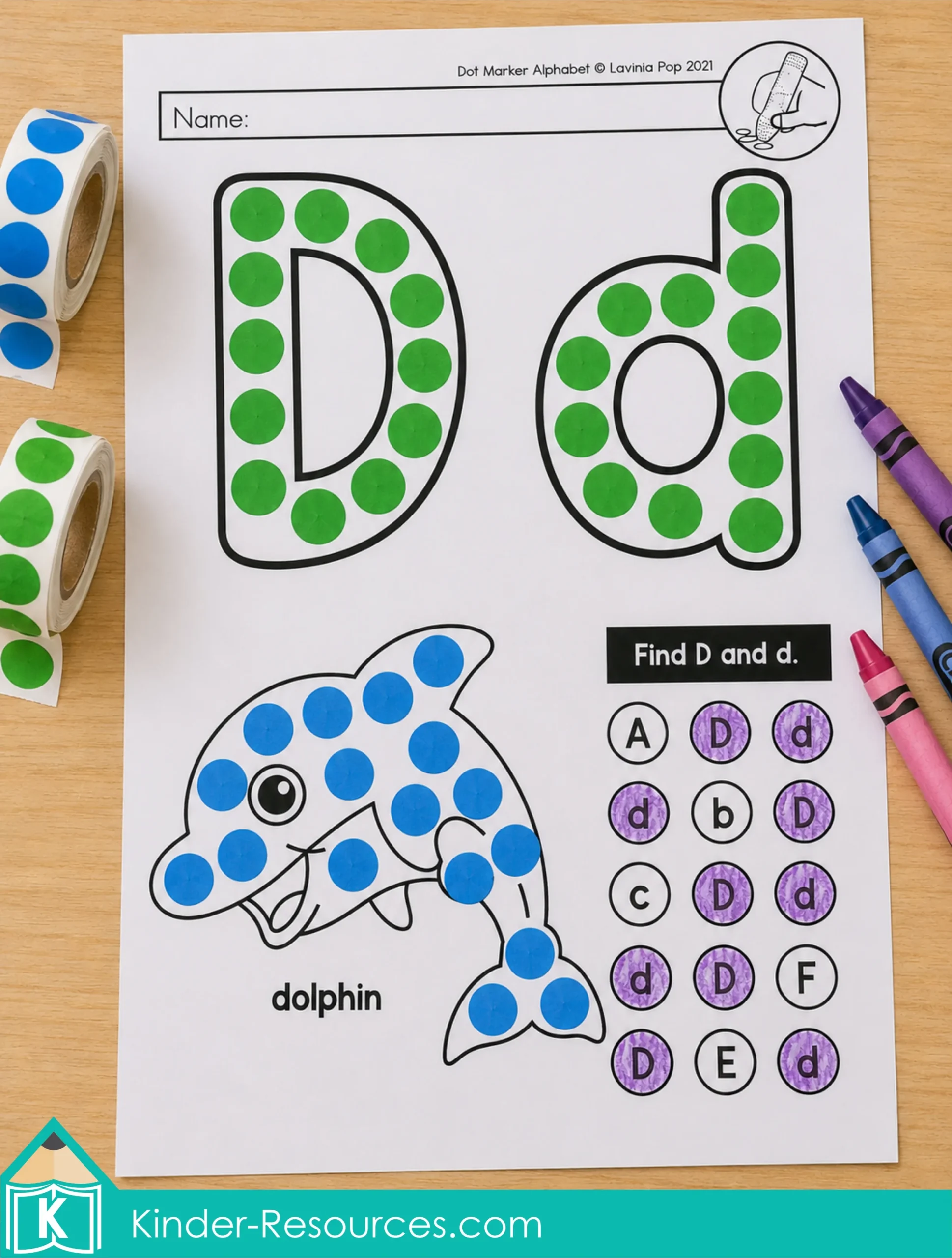 Letter D Dot Marker Activity with Stickers Letter D alphabet worksheet using round stickers and crayons for Preschool literacy activity