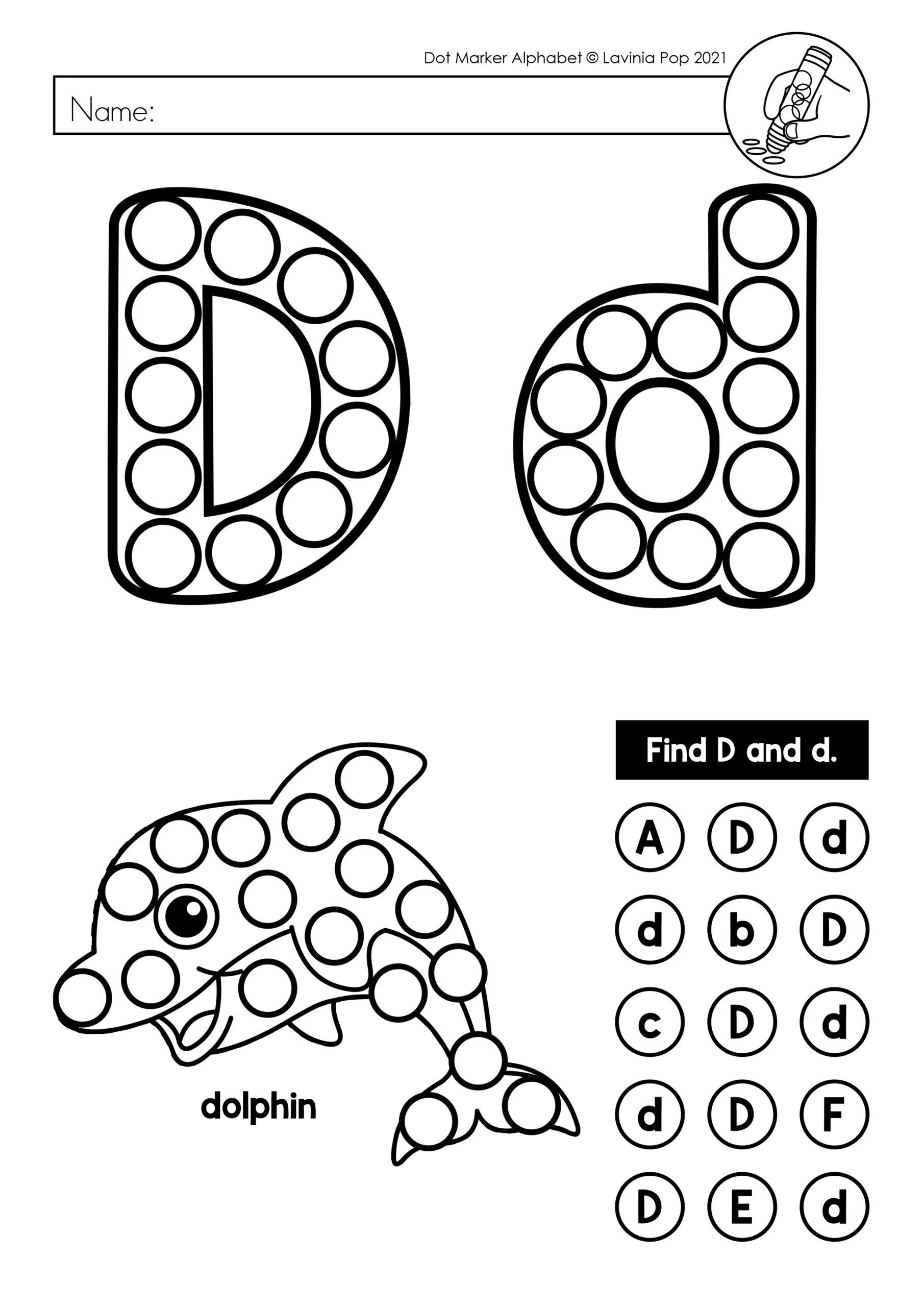 Letter D Dot Marker Worksheet Letter D dot marker alphabet worksheet with dolphin beginning sound activity for Preschool and Kindergarten