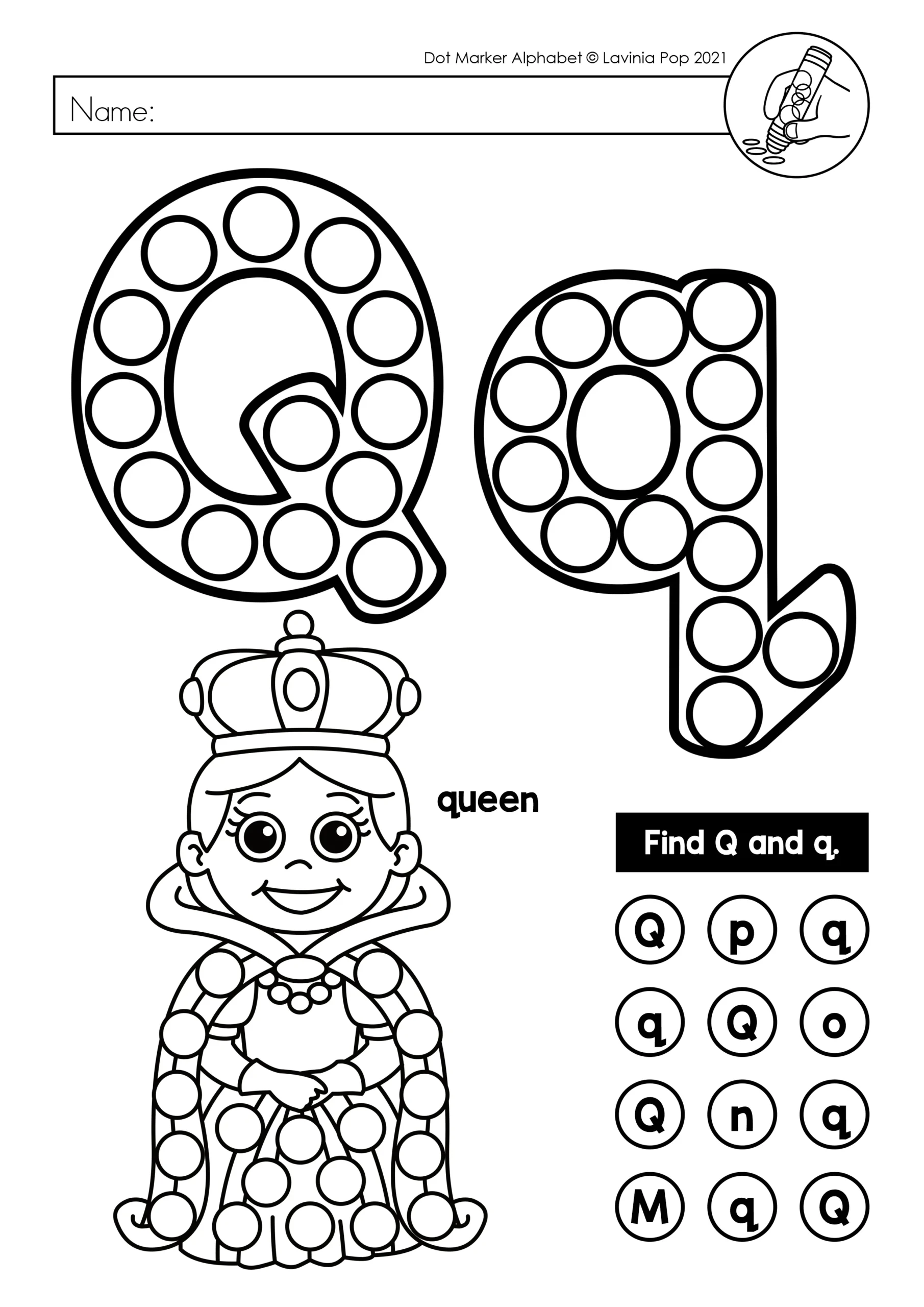 Letter Q Dot Marker Worksheet Letter Q dot marker alphabet worksheet with queen beginning sound activity for Preschool and Kindergarten