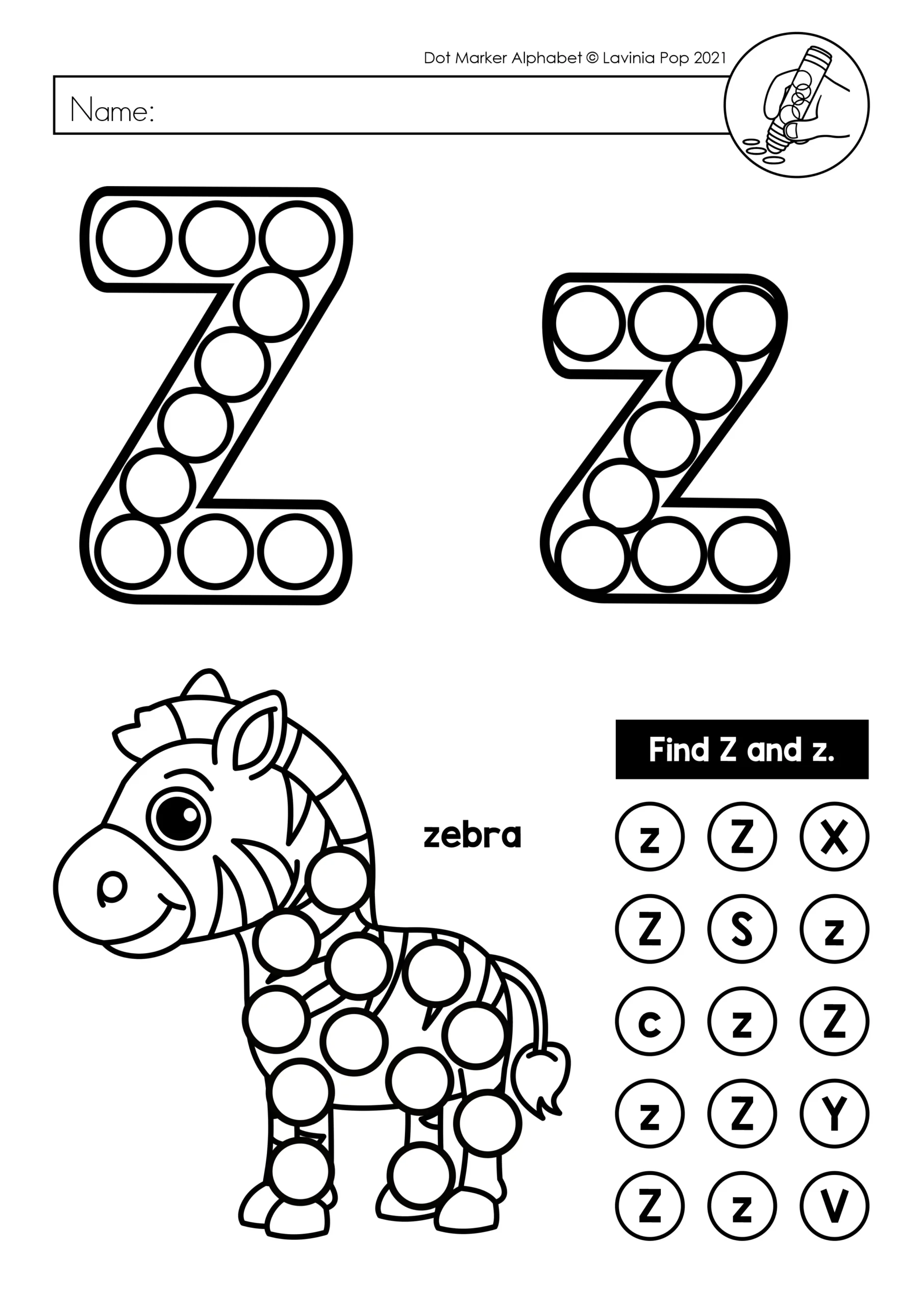Letter Z Dot Marker Worksheet Letter Z dot marker alphabet worksheet with zebra beginning sound activity for Preschool and Kindergarten