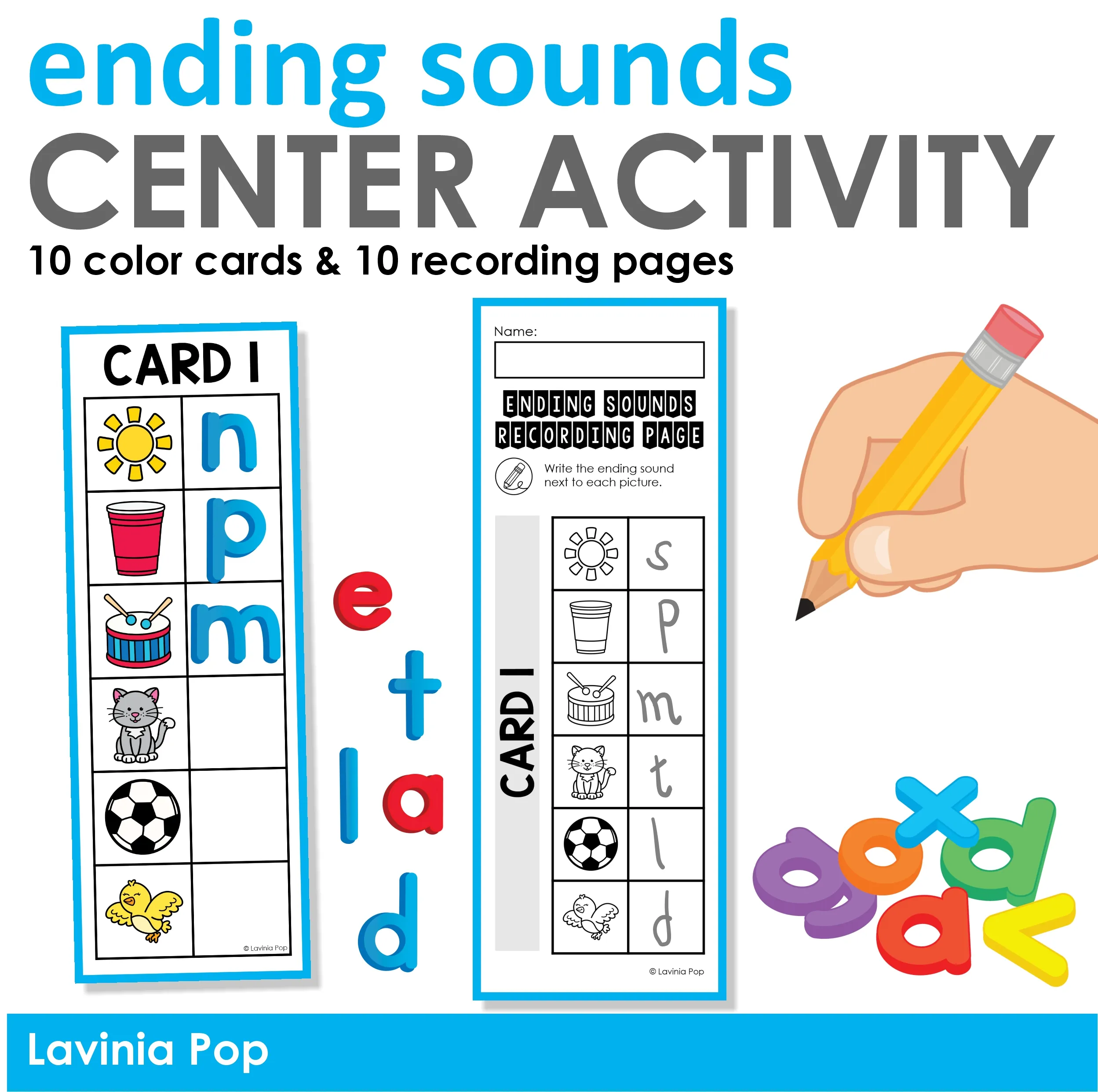 Ending Sounds Center Activity for Kindergarten and Preschool Ending sounds center activity with picture cards, recording pages, and lowercase letter matching tiles for Kindergarten phonics practice