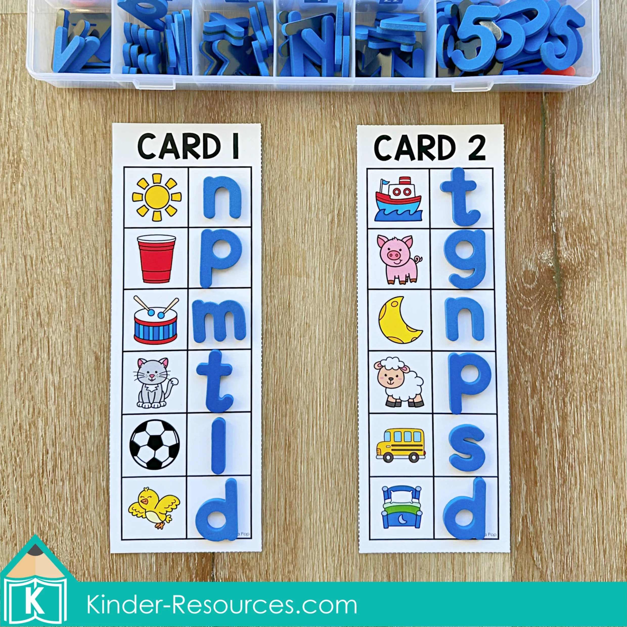Ending Sounds Matching Activity with Letter Tiles Children matching ending sounds using blue lowercase letter tiles and picture cards in a Kindergarten phonics center activity