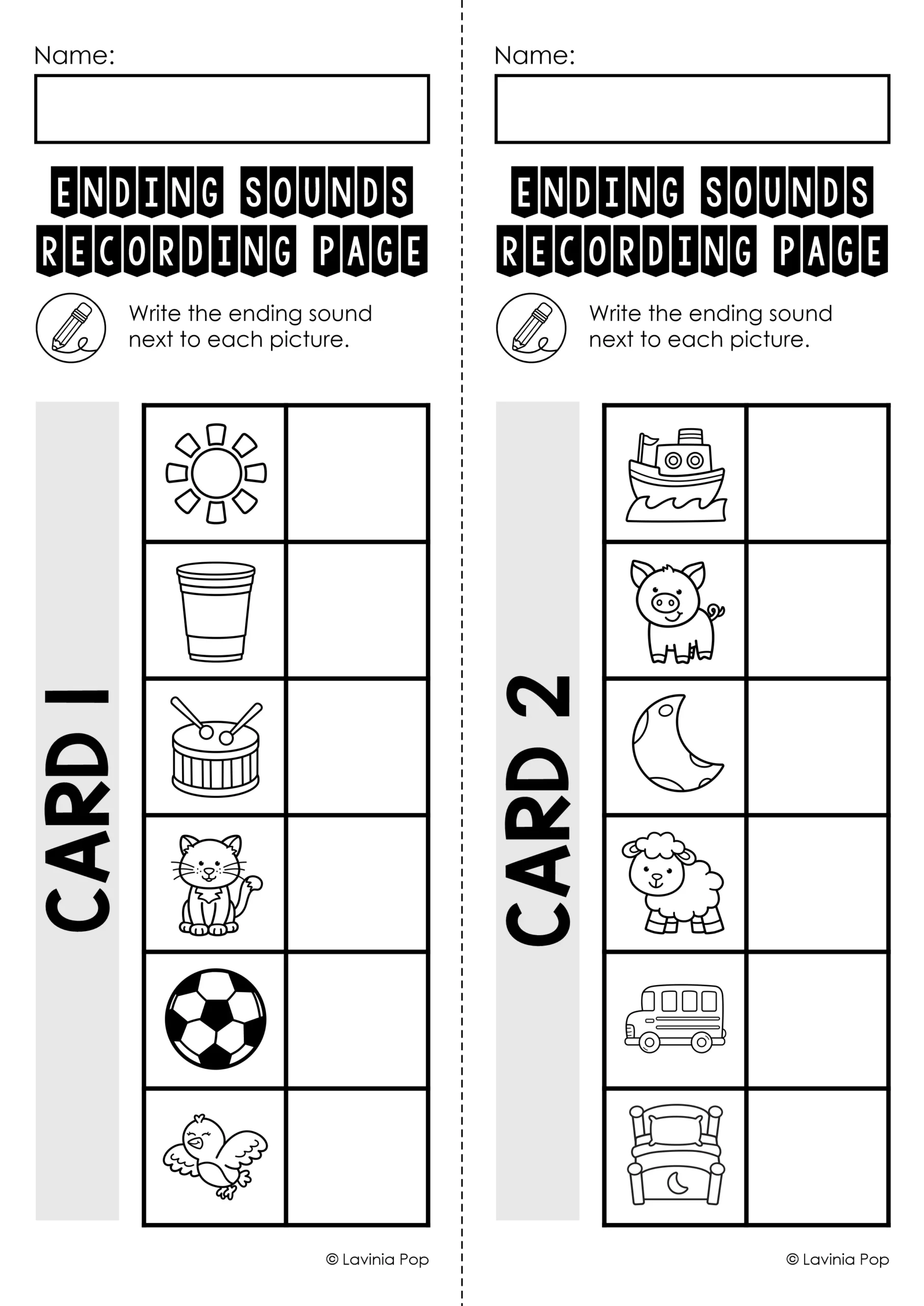 Ending Sounds Recording Pages for Kindergarten Phonics Centers Ending sounds recording pages with picture boxes for children to write the final sound for each word in Kindergarten phonics centers
