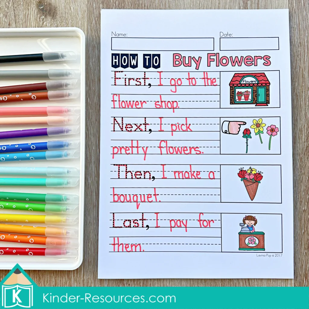 May Writing Journal Prompts procedural writing worksheet showing steps to buy flowers from shop to payment