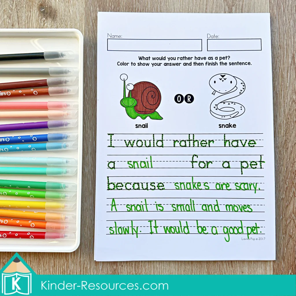 May Writing Journal Prompts opinion writing worksheet choosing between snail or snake as a pet with sentence writing
