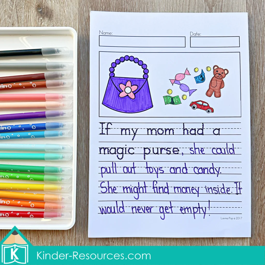 May Writing Journal Prompts creative writing worksheet about magic purse with toys candy and money ideas