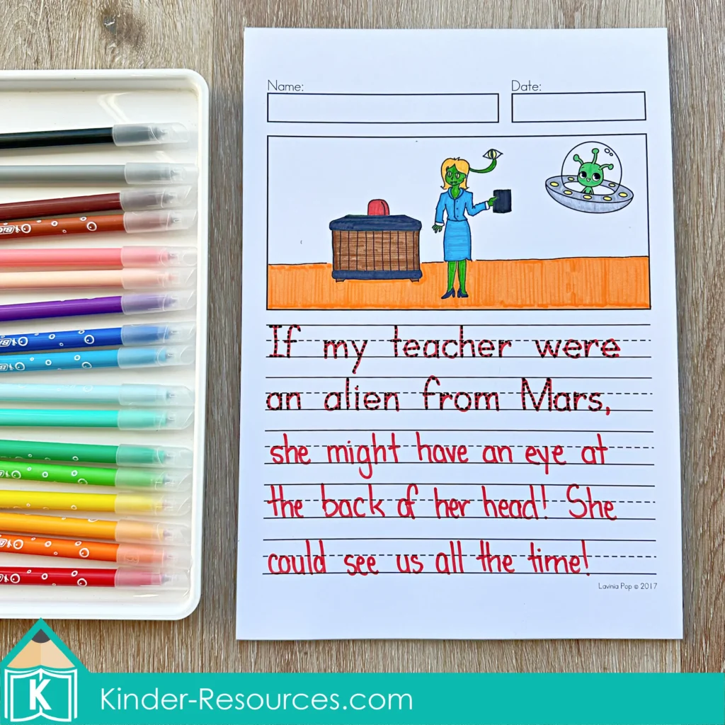 May Writing Journal Prompts creative writing worksheet imagining teacher as alien from Mars with sentence writing