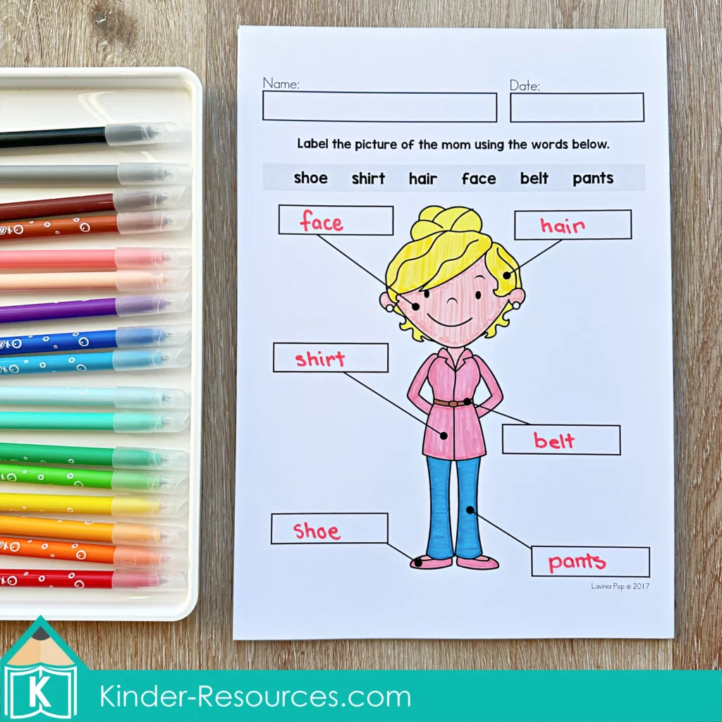 May Writing Journal Prompts worksheet labeling parts of the body on a mom including face hair shirt belt pants and shoe