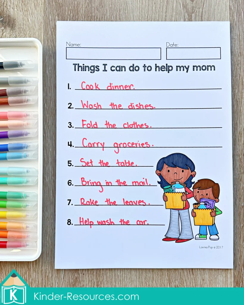May Writing Journal Prompts list writing worksheet about ways to help mom including chores like washing dishes and setting table