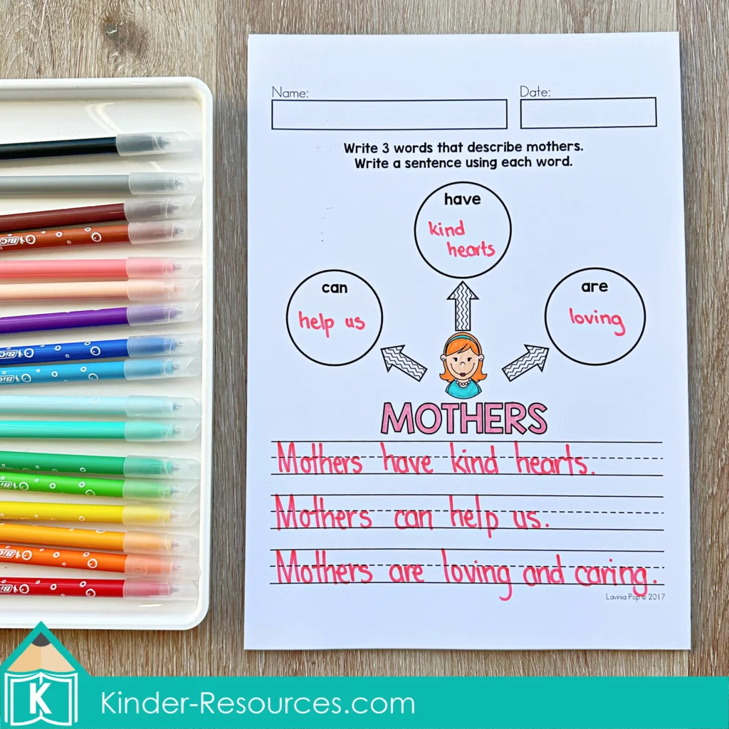 May Writing Journal Prompts worksheet writing sentences about mothers being loving kind and helpful