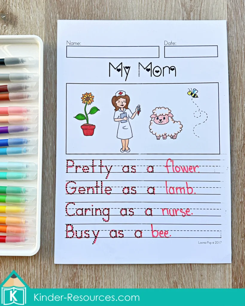 May Writing Journal Prompts simile poem worksheet comparing mom using phrases like pretty as a flower and busy as a bee