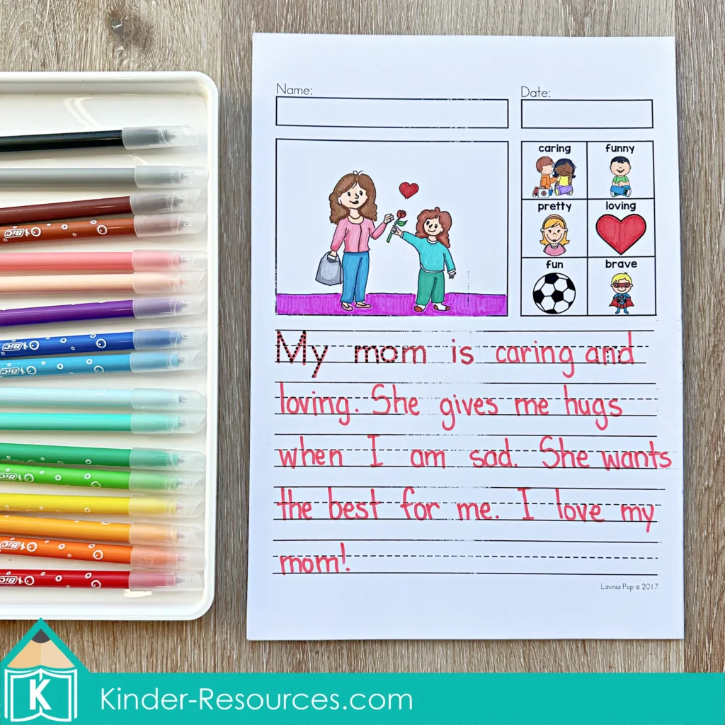 May Writing Journal Prompts writing worksheet describing mom as caring and loving with simple sentence writing