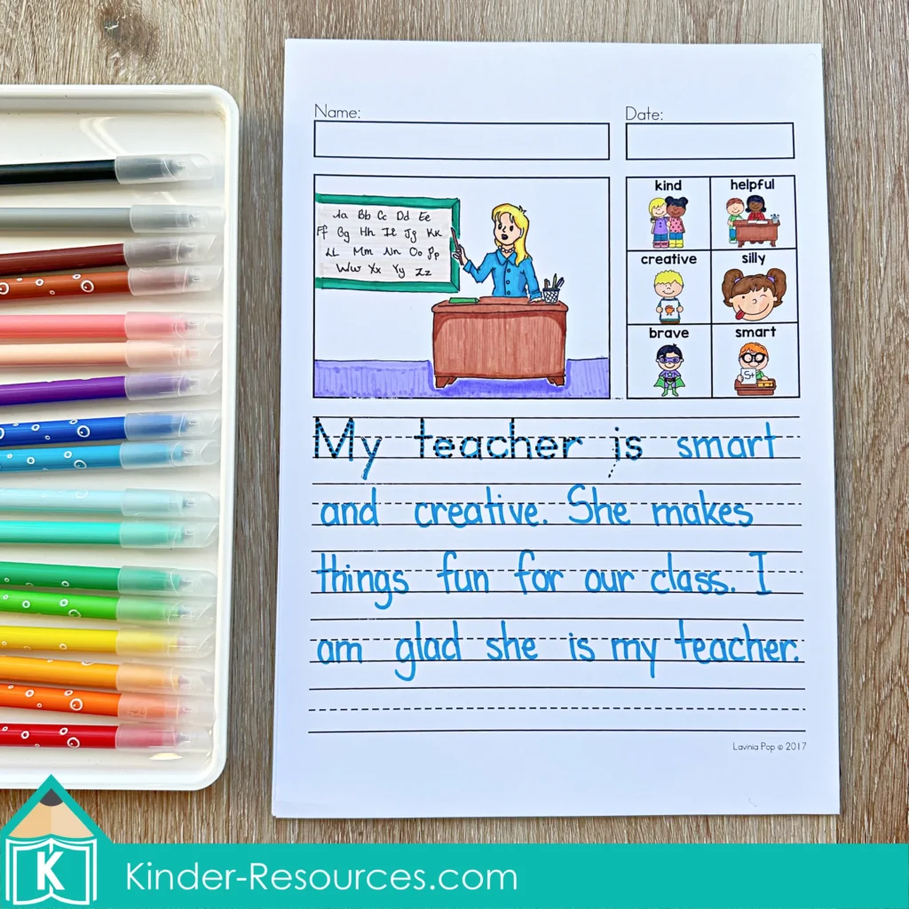 May Writing Journal Prompts writing worksheet describing a teacher as smart and creative with sentence writing lines