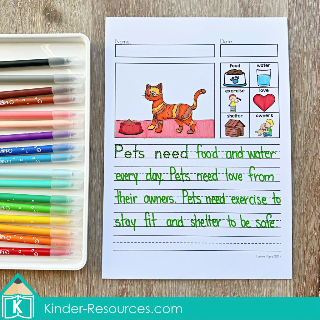 May Writing Journal Prompts writing worksheet about what pets need including food water exercise love and shelter