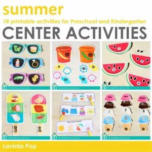 Summer Center Activities for Preschool including rhyming sunglasses, beginning sounds matching buckets, watermelon counting, word family popsicles, visual discrimination cards, and ice cream number activities