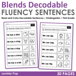 Blends Decodable Fluency Sentences read and color worksheets with beginning blends practice for kindergarten and first grade