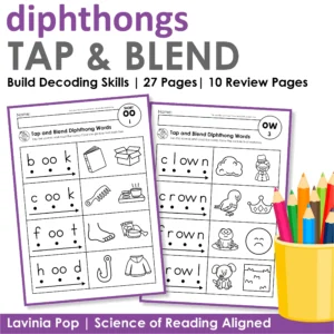 Tap and Blend Diphthong Words worksheets for Kindergarten and first grade featuring phonics decoding, sound tapping, and blending practice with diphthong words