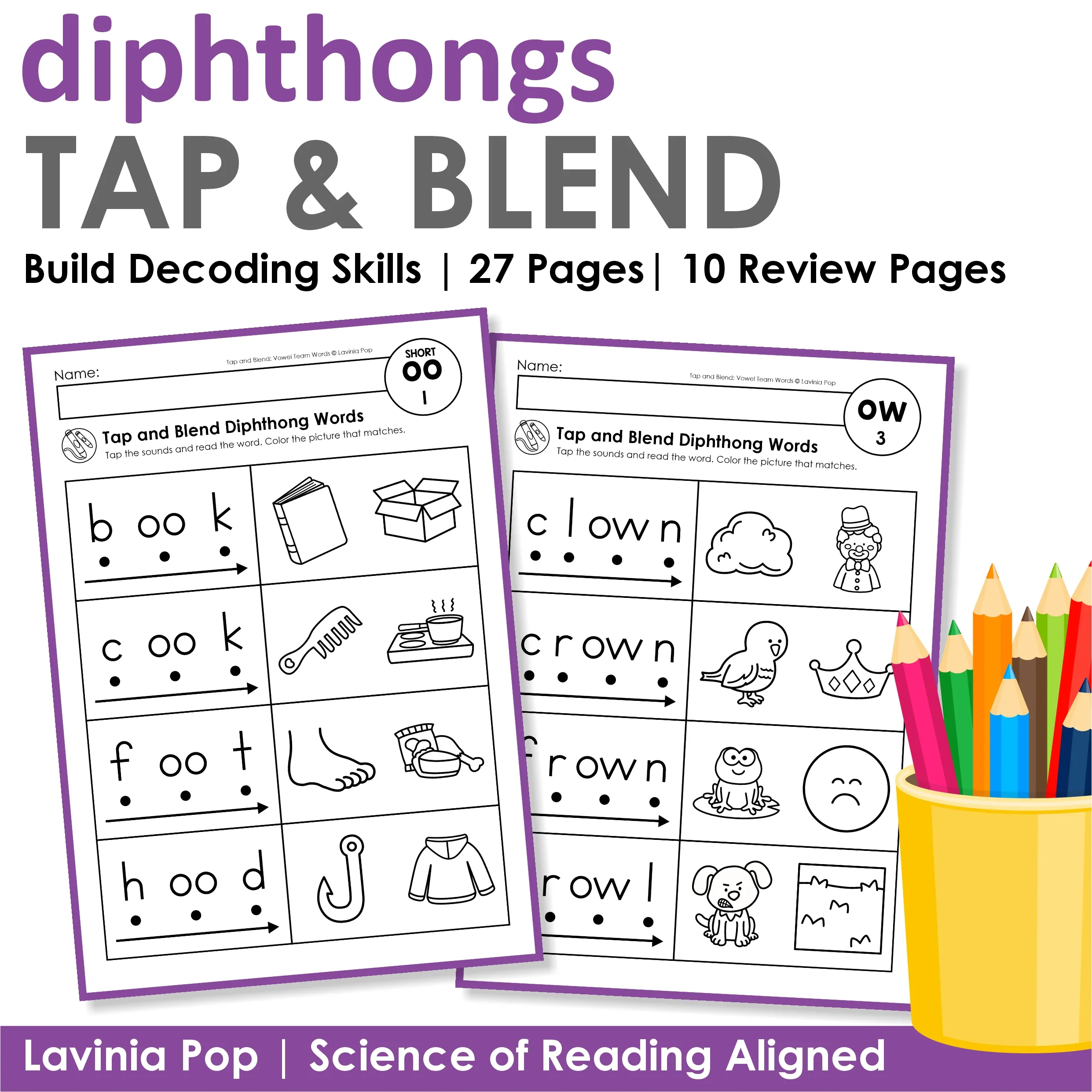 Tap and Blend Diphthong Words Worksheets Science of Reading Aligned Tap and Blend Diphthong Words worksheets for Kindergarten and first grade featuring phonics decoding, sound tapping, and blending practice with diphthong words