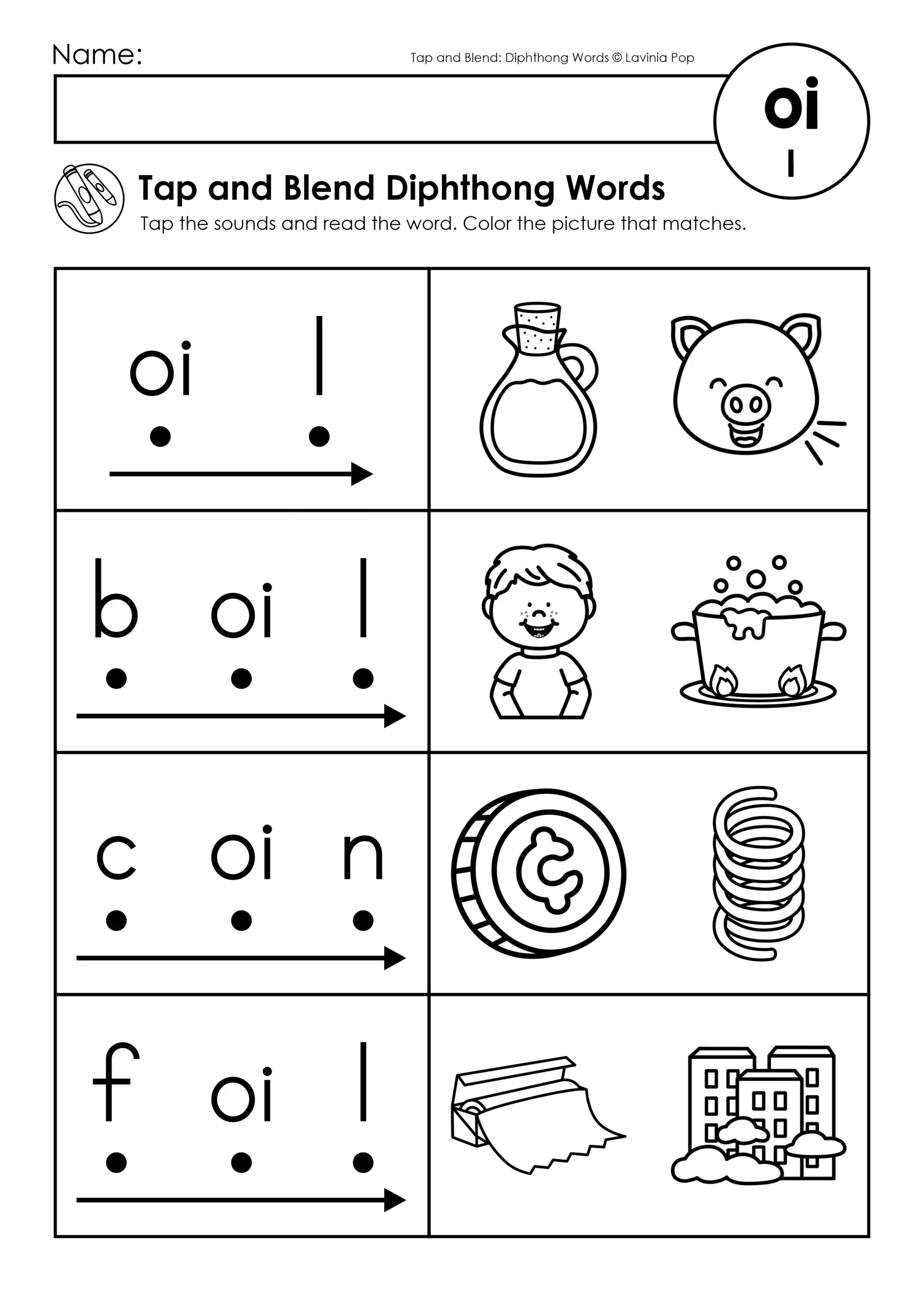 Tap and Blend Diphthong Words OI Worksheets for Kindergarten Phonics Tap and Blend Diphthong Words worksheet with OI words including oil, boil, coin, and foil for Kindergarten and first grade decoding practice