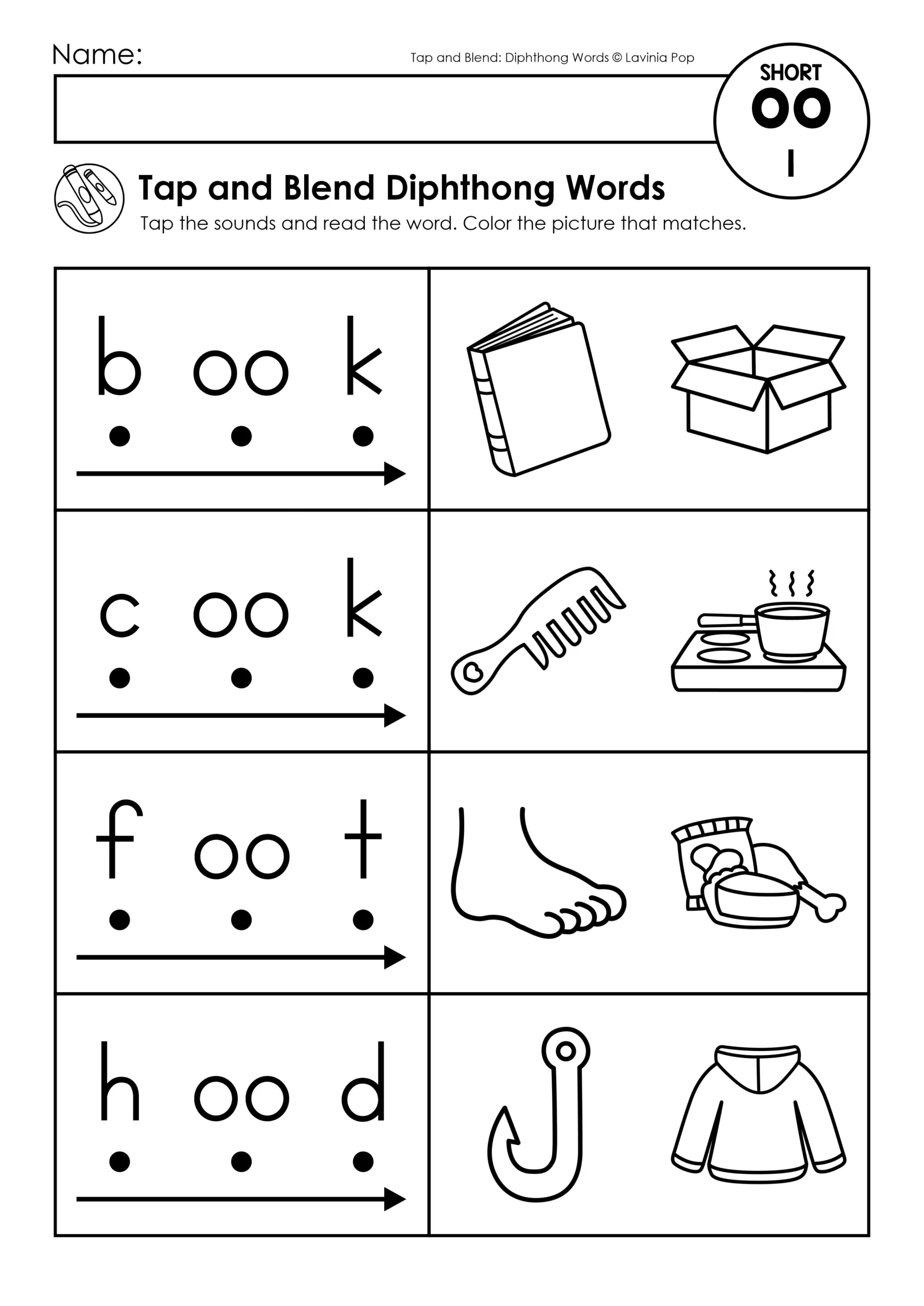 Tap and Blend Diphthong Words Short OO Worksheets for Early Readers Tap and Blend Diphthong Words worksheet with short OO words including book, cook, foot, and hood for phonics decoding practice