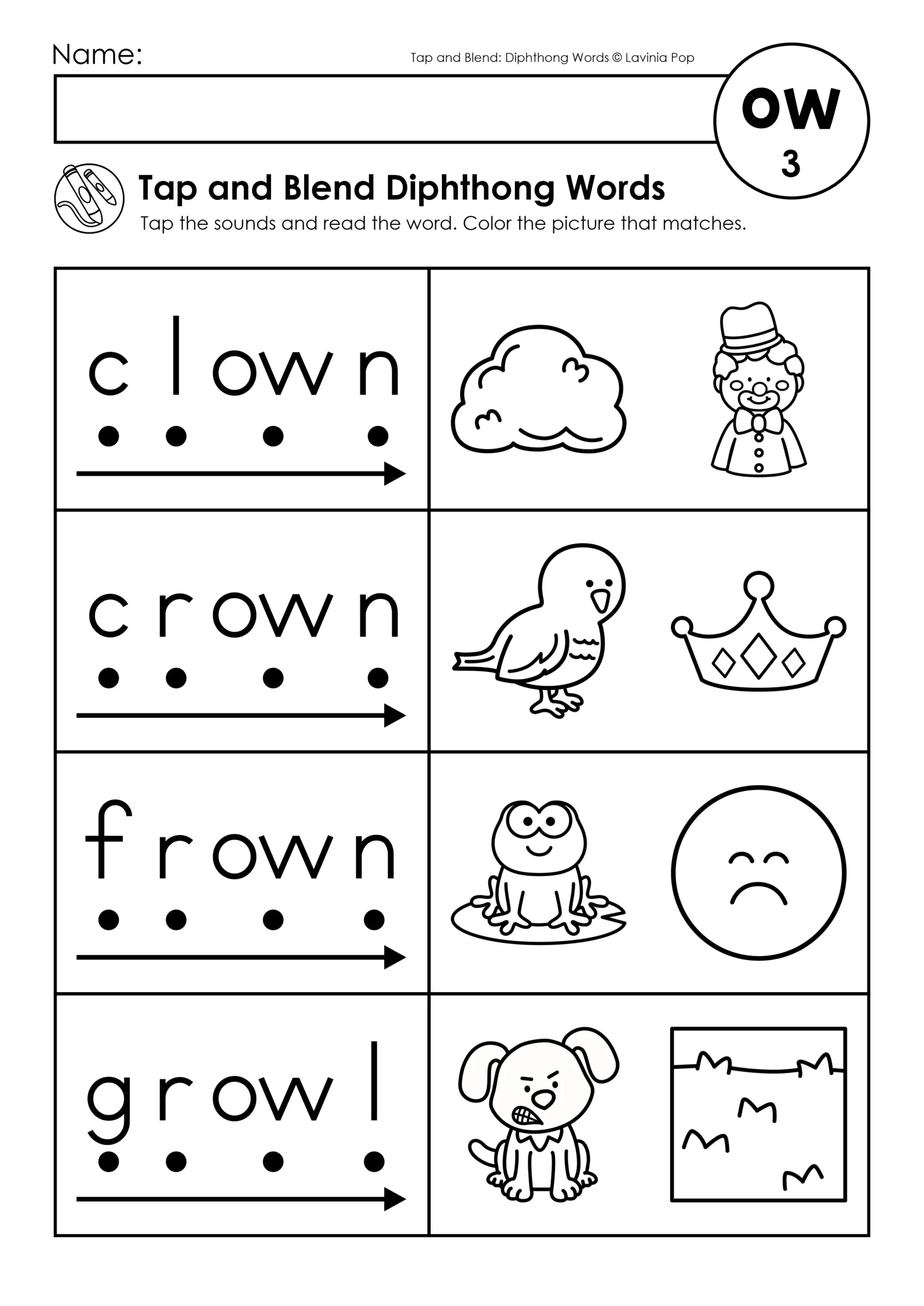 Tap and Blend Diphthong Words OW Worksheets for Kindergarten and First Grade Tap and Blend Diphthong Words worksheet with OW words including clown, crown, frown, and growl for Kindergarten phonics practice