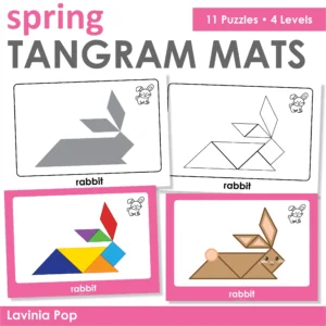 Spring Tangram Mats cover preview showing guided color, color tangram, outline, and silhouette puzzle levels for kids