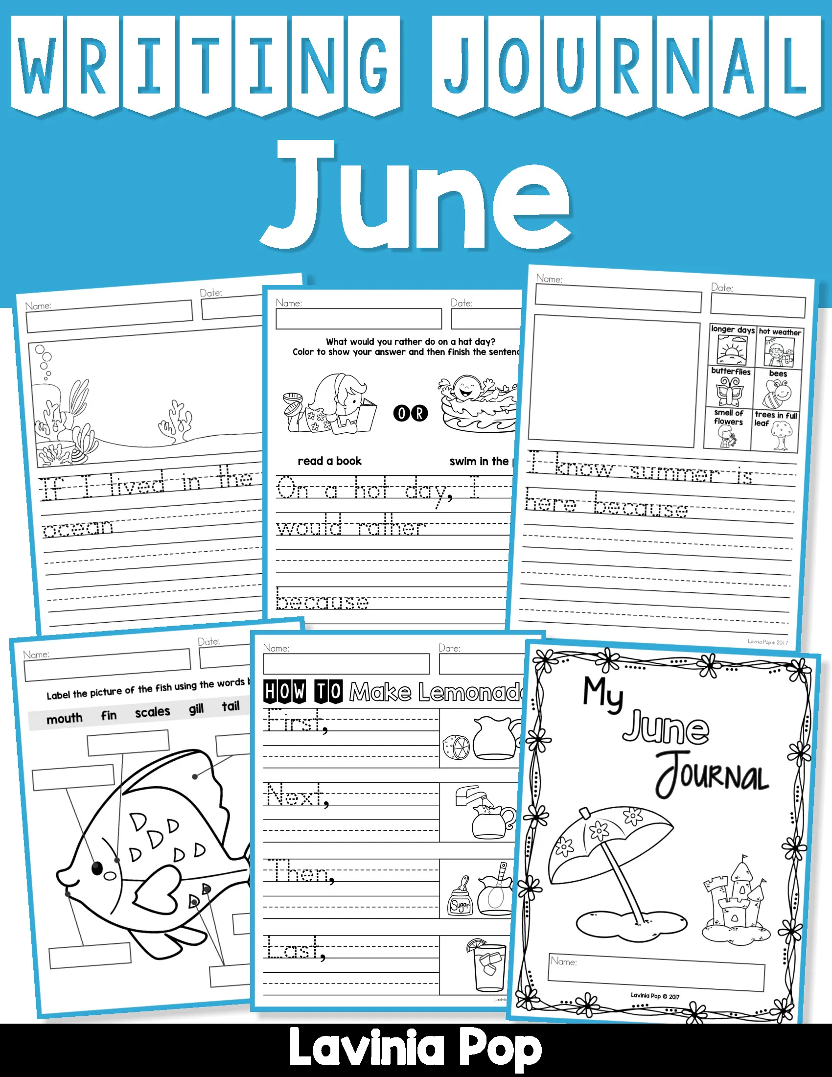 June Writing Journal Prompts for Kindergarten Grade 1 Grade 2 June Writing Journal Prompts writing activities for Kindergarten Grade 1 and Grade 2 featuring summer writing pages, opinion writing, procedural writing, labeling activities, and creative writing prompts