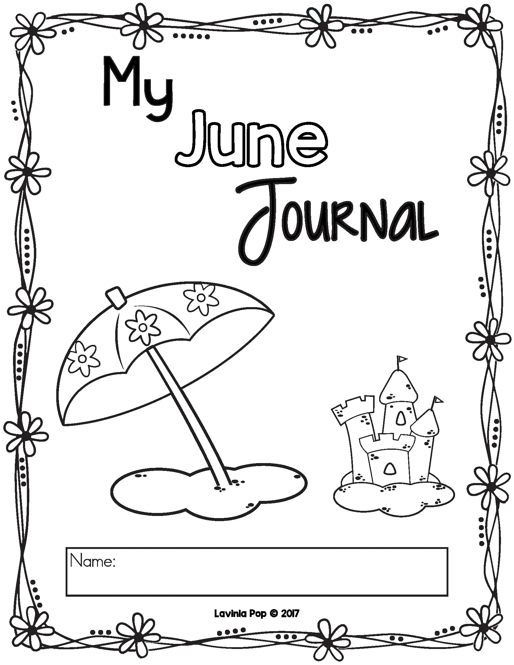June Writing Journal Prompts Cover Page June Writing Journal Prompts cover page with summer beach umbrella, sandcastle, and student name space for Kindergarten writing journals