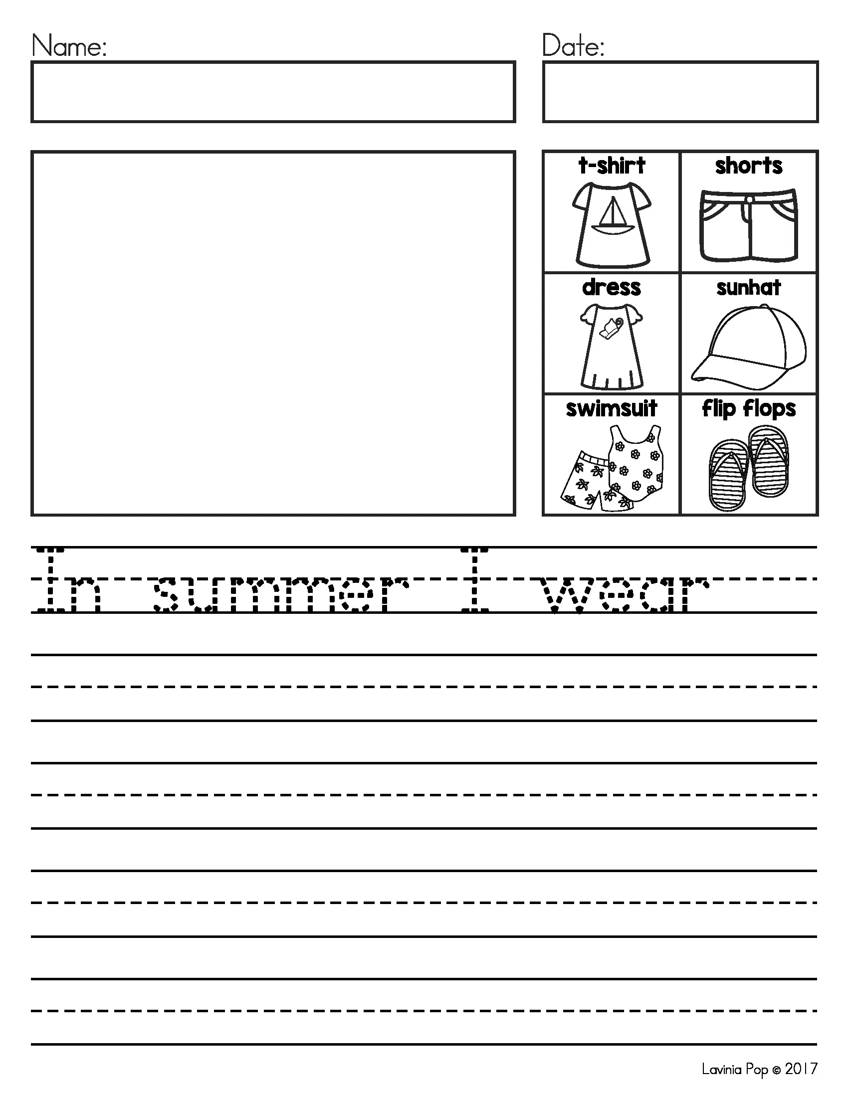 June Writing Journal Prompts Summer Clothing Writing Activity June Writing Journal Prompts summer writing worksheet with clothing vocabulary including t shirt, shorts, dress, sunhat, swimsuit, and flip flops