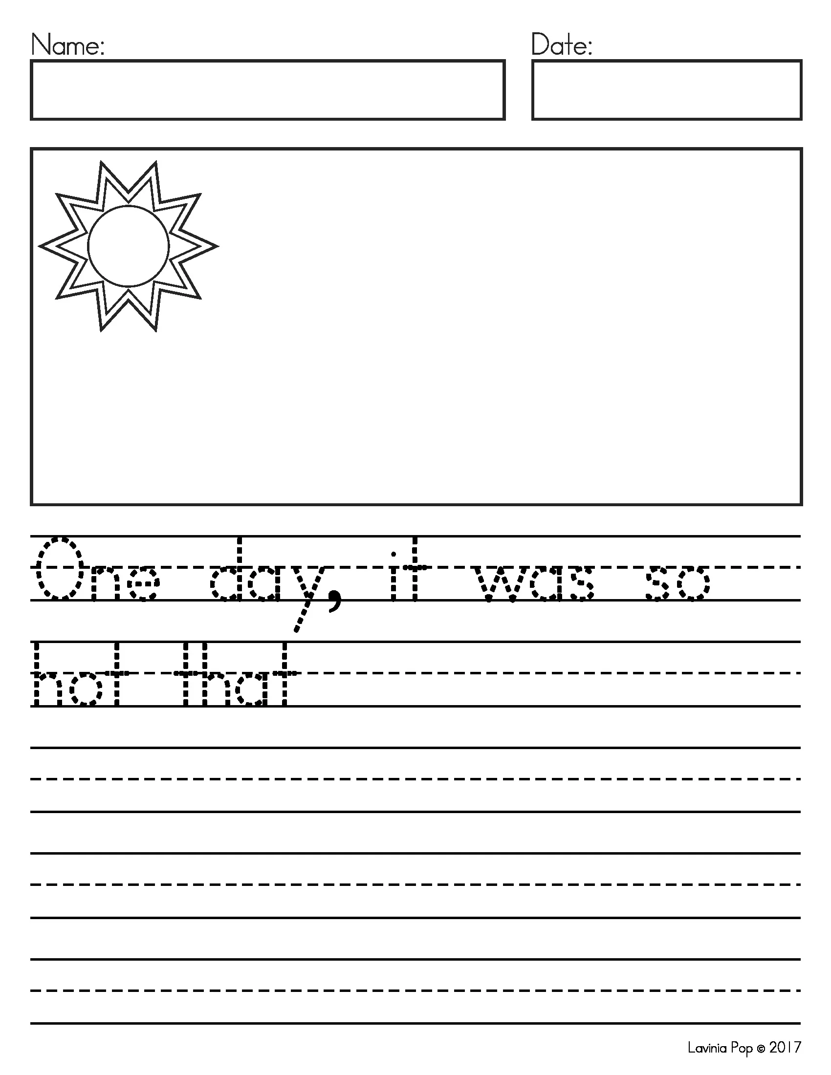June Writing Journal Prompts Summer Narrative Writing Activity June Writing Journal Prompts narrative writing worksheet with the prompt One day it was so hot that and space for drawing and creative writing responses