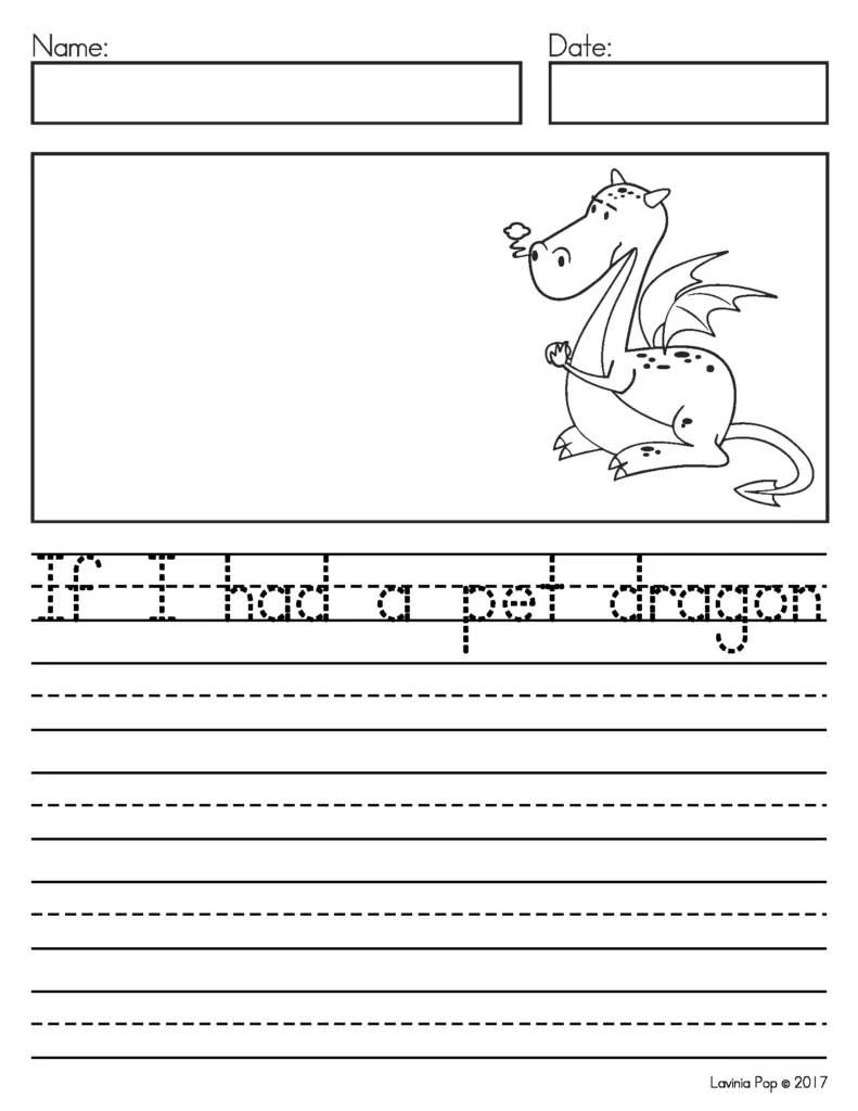 May Writing Journal Prompts creative writing worksheet about having a pet dragon with sentence writing lines