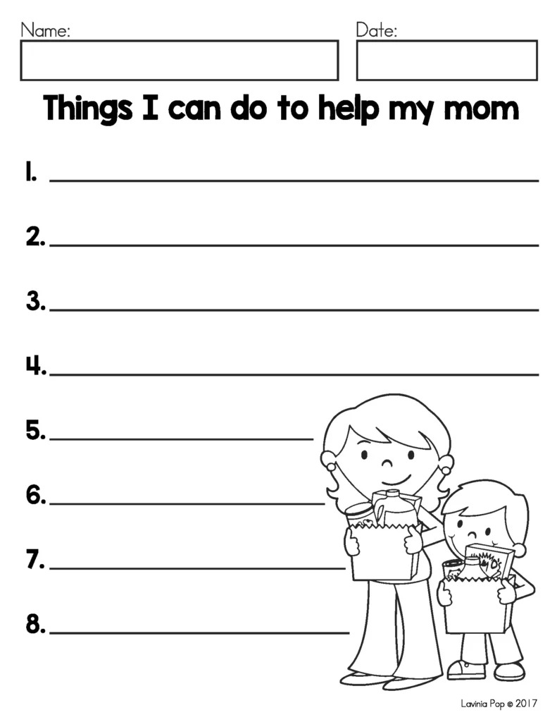 May Writing Journal Prompts list writing worksheet about helping mom with blank lines for student responses