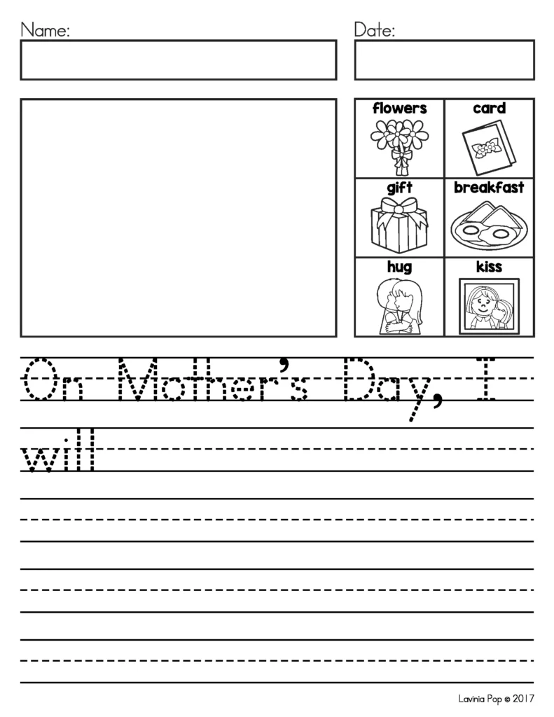 May Writing Journal Prompts writing worksheet about Mother’s Day with picture choices like flowers card gift breakfast hug and kiss