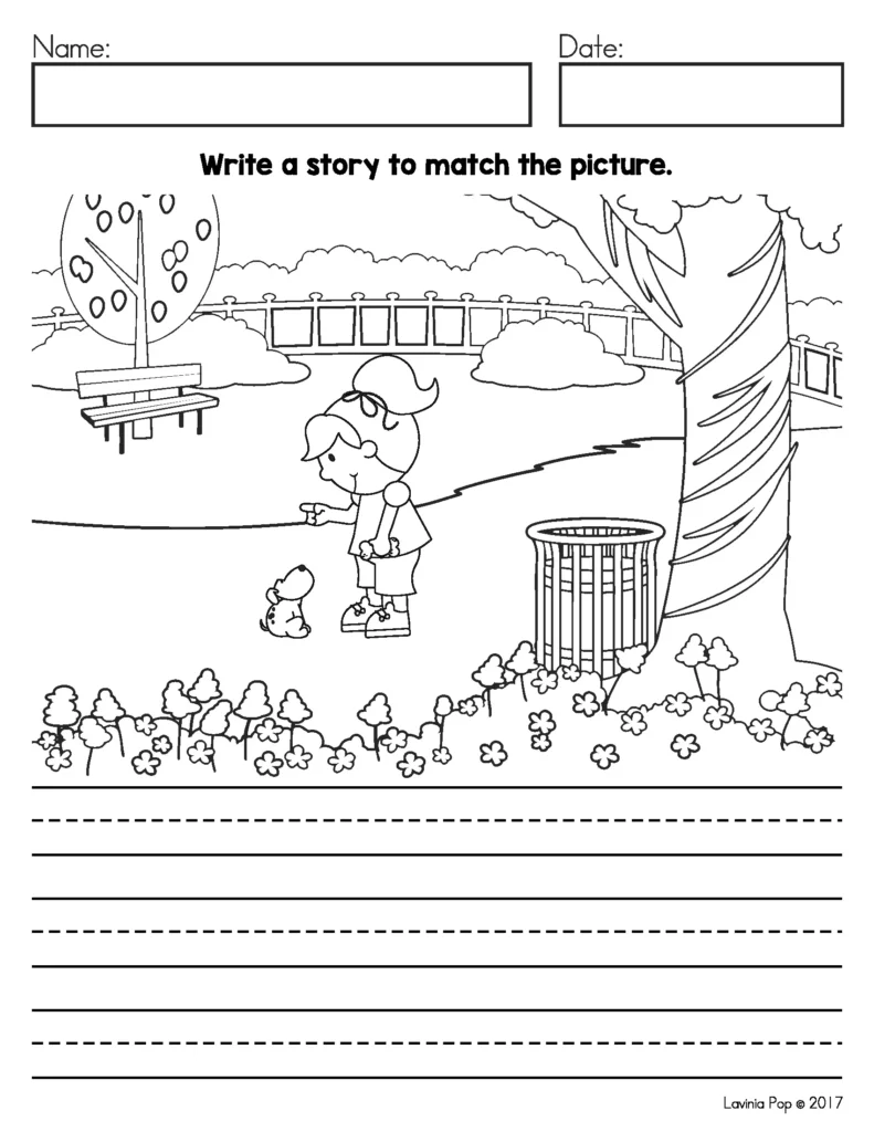 May Writing Journal Prompts narrative writing worksheet with park scene picture for students to write a story