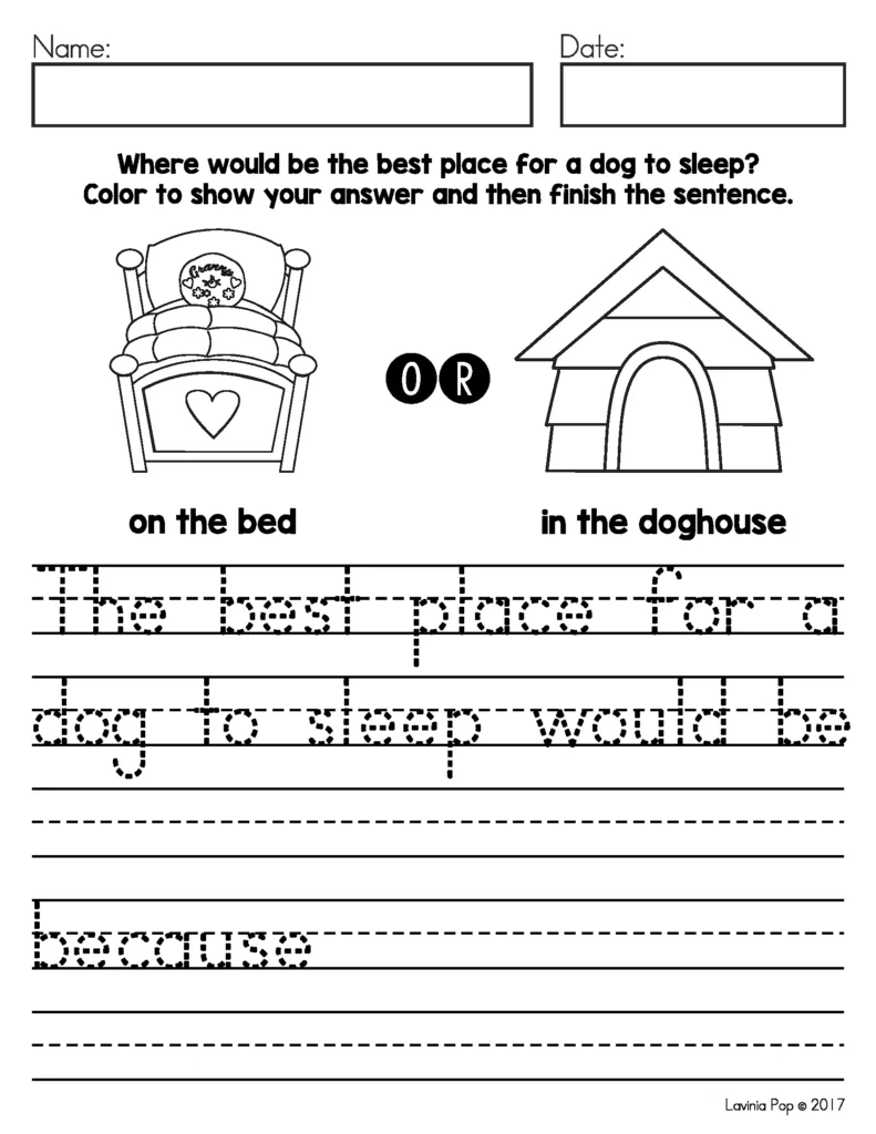 May Writing Journal Prompts opinion writing worksheet choosing best place for a dog to sleep on a bed or in a doghouse