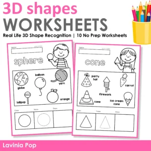 Preview of 3D Shape Worksheets showing a sphere worksheet with real-world objects and color, trace, and draw activities