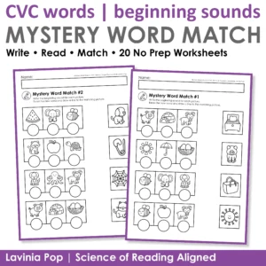 CVC Words Beginning Sounds Worksheets Mystery Word Match cover with 20 no prep phonics worksheets for Kindergarten and Science of Reading aligned practice.